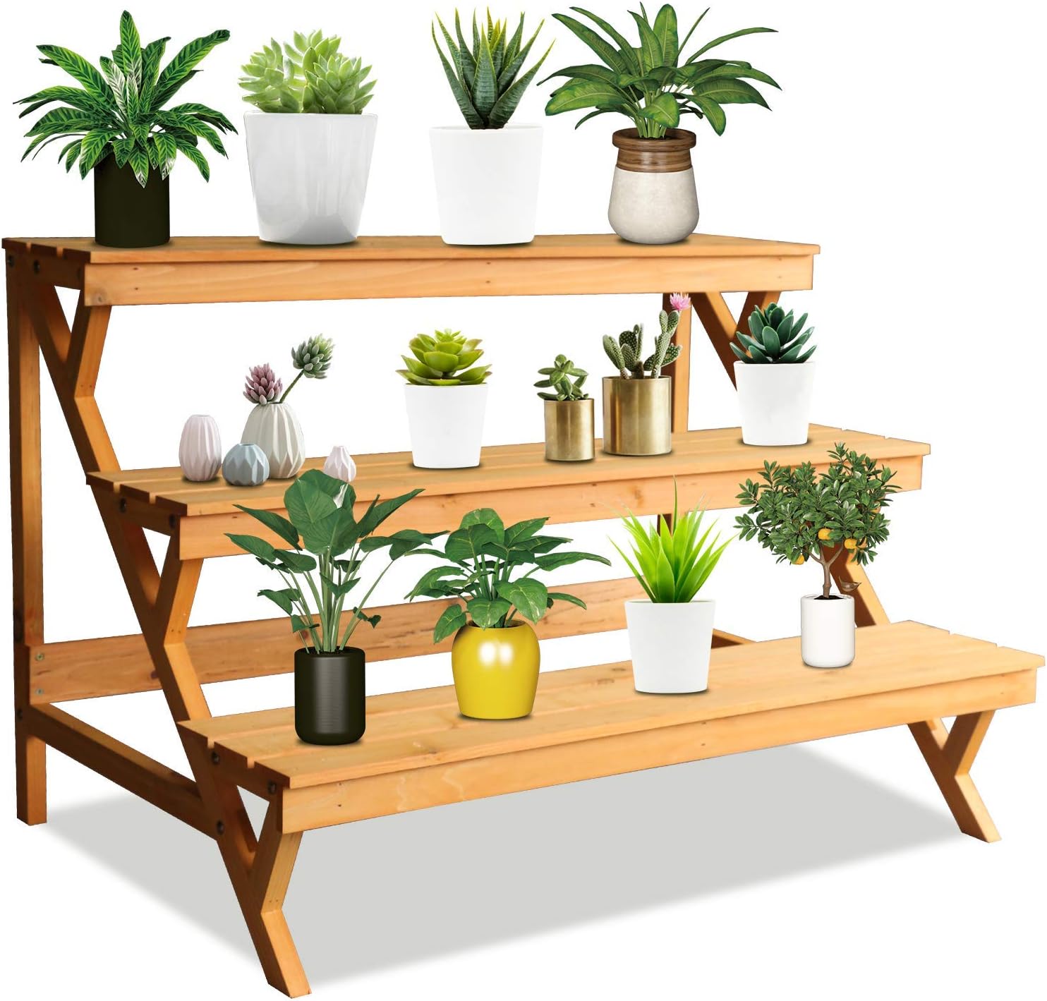 3 Tier Wood Plant Stand Indoor Outdoor, Ladder Large Multi Tiered Plant Holder, Wooden, Display Storage Shelf, 35.43"×23.62"×23.62", 3 Layered Step Plant Rack, Stair Plant Stand