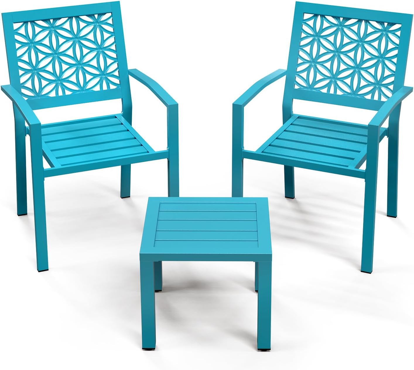 VINGLI 3-Piece Outdoor Bistro Set, Stackable Modern Metal Steel Table and Chairs with Rust-Resistant Coating, Small Patio Furniture Conversation Set for Porch, Deck, Balcony, Garden, Blue