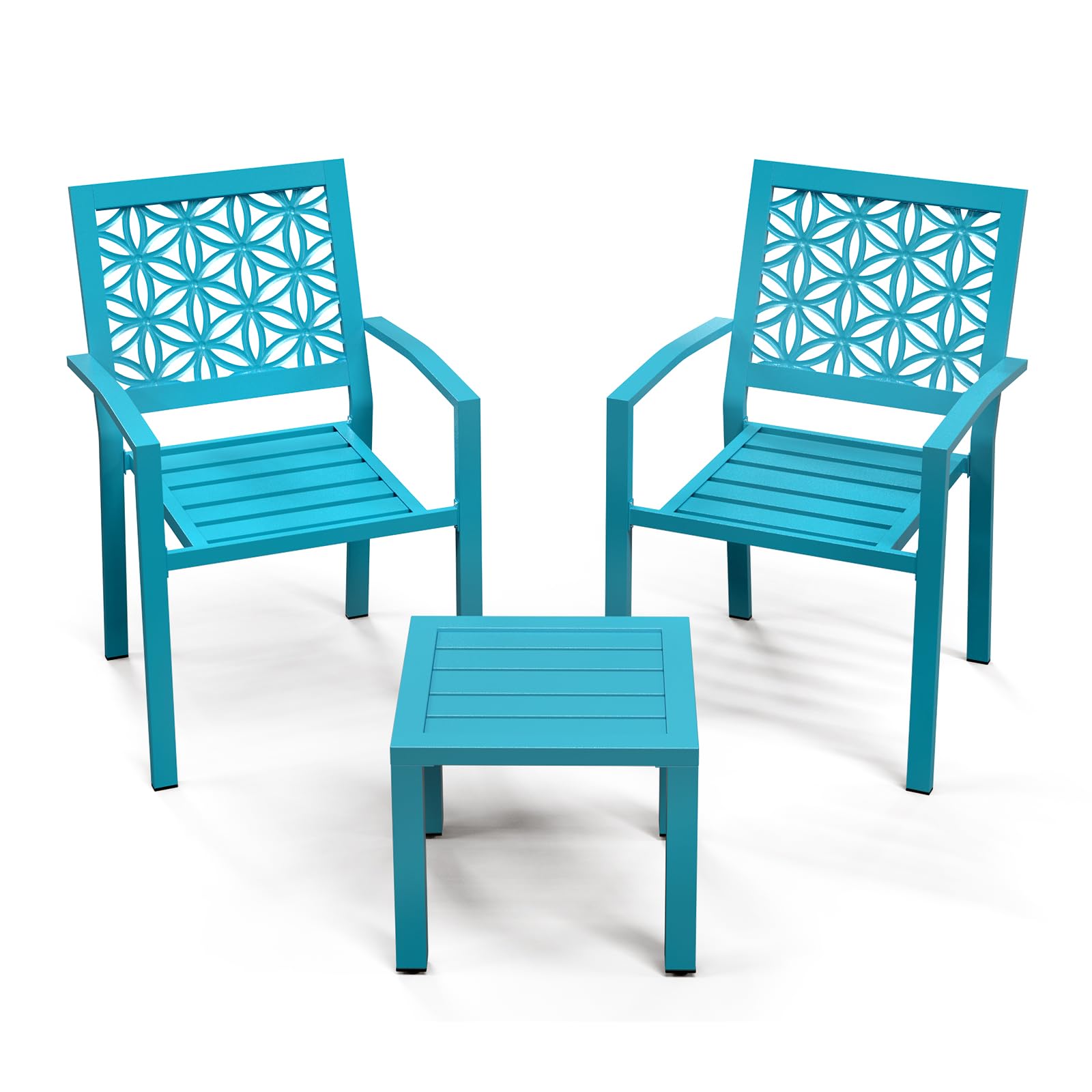 VINGLI 3-Piece Outdoor Bistro Set, Stackable Modern Metal Steel Table and Chairs with Rust-Resistant Coating, Small Patio Furniture Conversation Set for Porch, Deck, Balcony, Garden, Blue