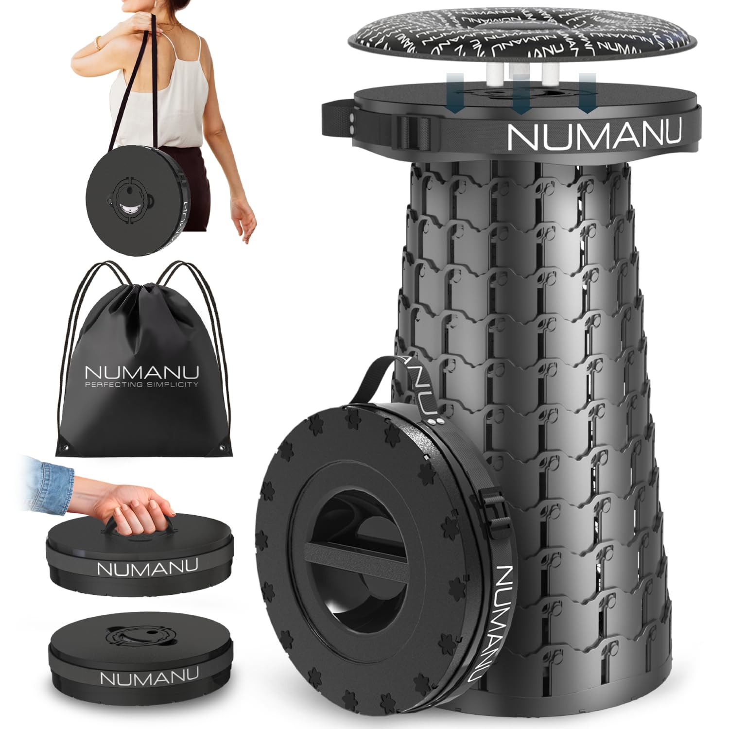 NUMANU 2026 Upgraded XXL Collapsible Stool 19.7", 1000lbs Max Weight, Wider & Taller Pop Up Seat, Heavy Duty Portable Retractable Folding Chair or Travel Foot Rest, Gift for Camping & Outdoors