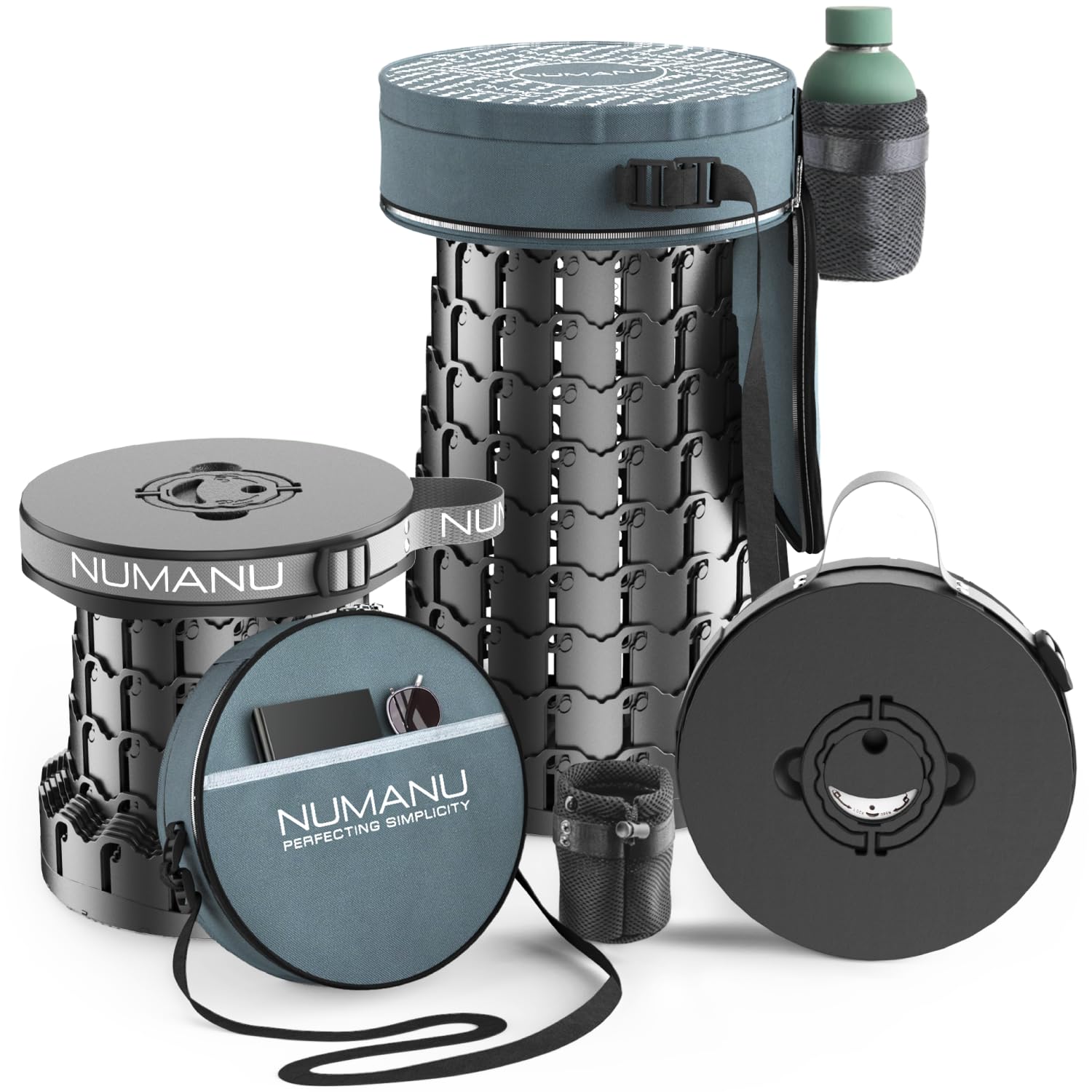 NUMANU 2026 Upgraded Collapsible Stool & 3IN1 Cushioned Carry Bag, 2.5"-18" Height Adjustable Max 620lbs, Portable Retractable Telescoping Seat, Foldable Camping Stool or Footrest for Adults (Round)