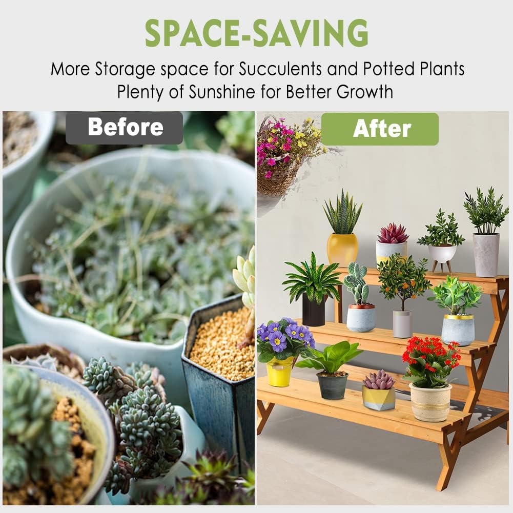 3 Tier Wood Plant Stand Indoor Outdoor, Ladder Large Multi Tiered Plant Holder, Wooden, Display Storage Shelf, 35.43"×23.62"×23.62", 3 Layered Step Plant Rack, Stair Plant Stand