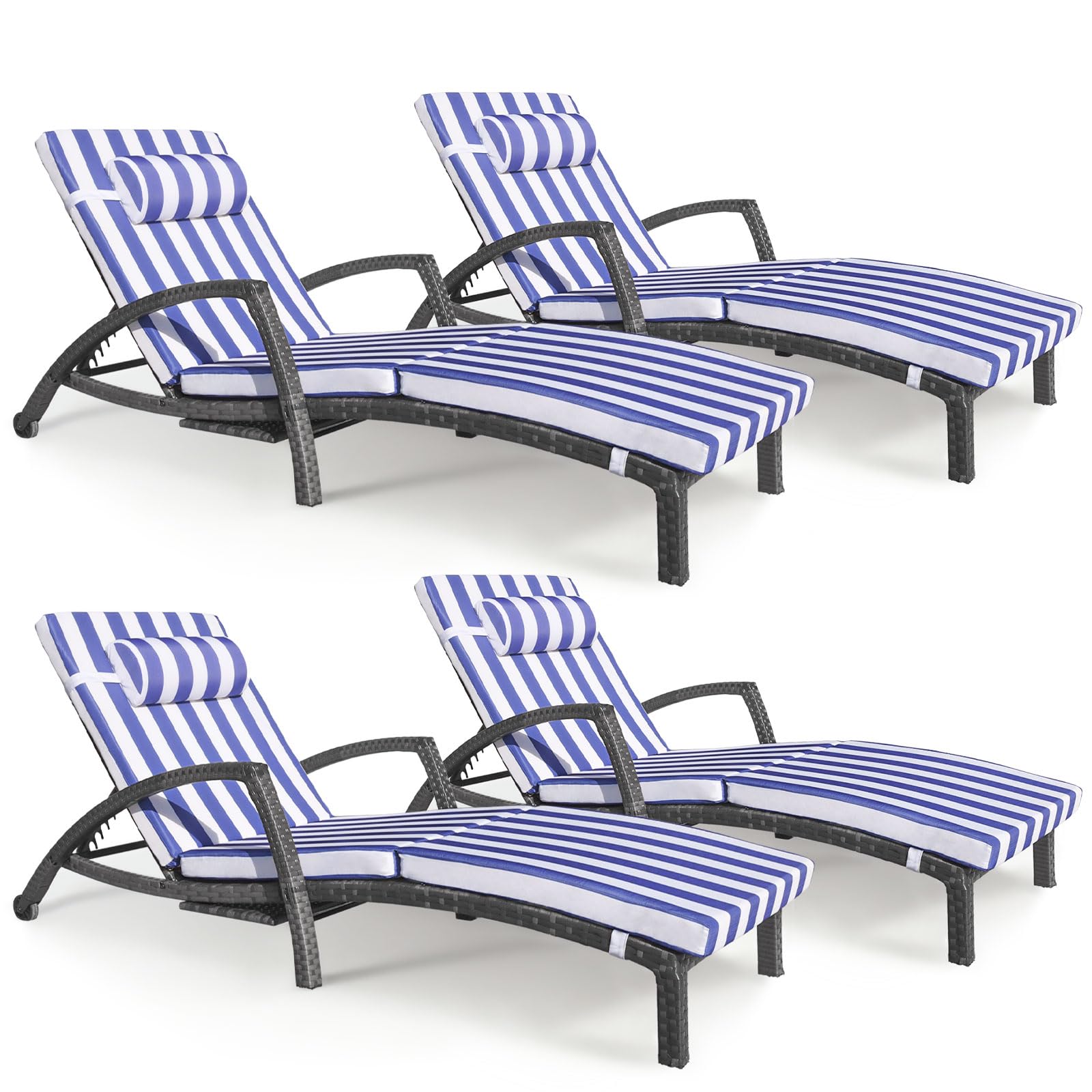 Chaise Lounge Chairs Outdoor Set of 2, Comfy Outside Wicker Patio Pool Lounge Chair w/ 5 Adjustable Back Angle, Cup Holder, Thicken Cushion