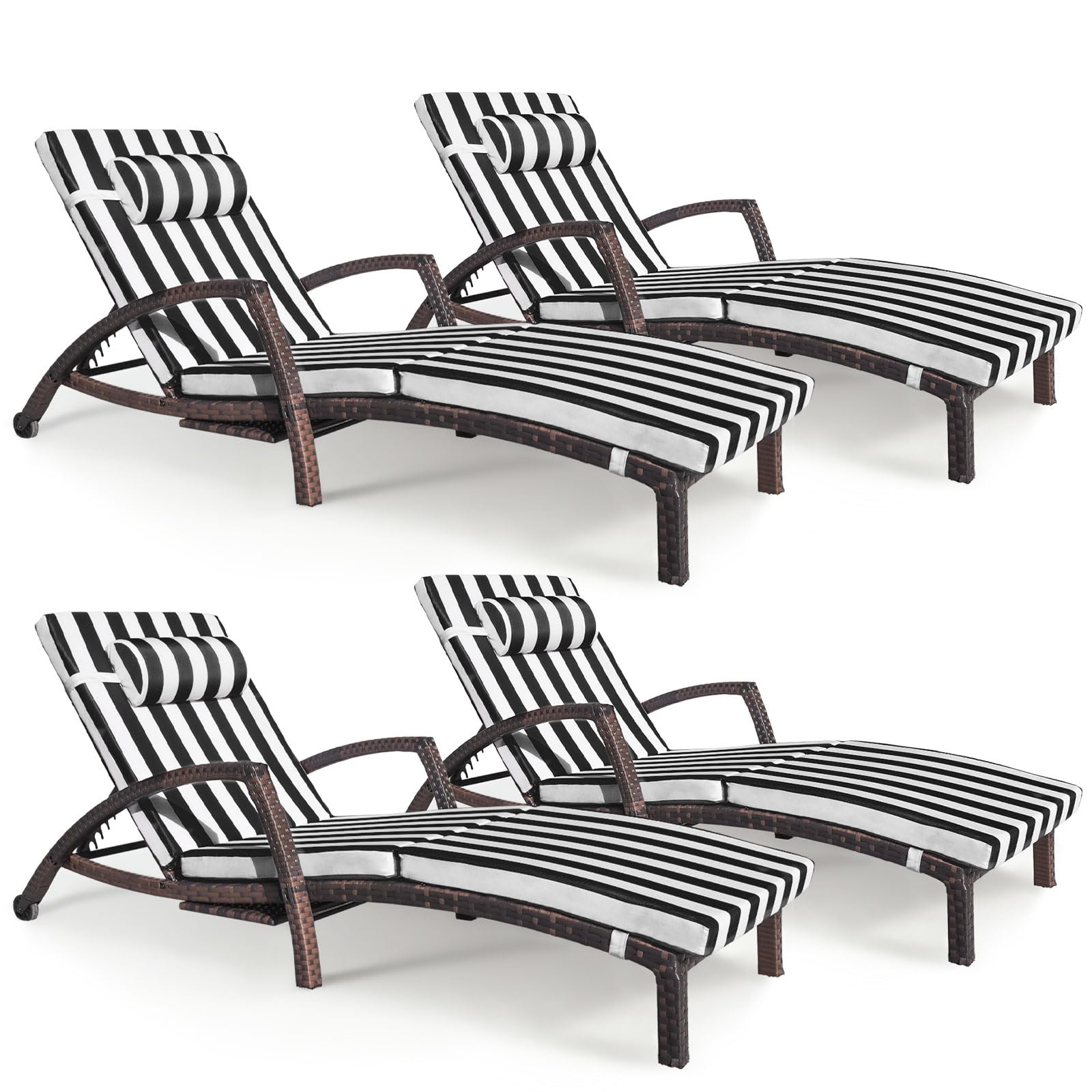 Chaise Lounge Chairs Outdoor Set of 2, Comfy Outside Wicker Patio Pool Lounge Chair w/ 5 Adjustable Back Angle, Cup Holder, Thicken Cushion
