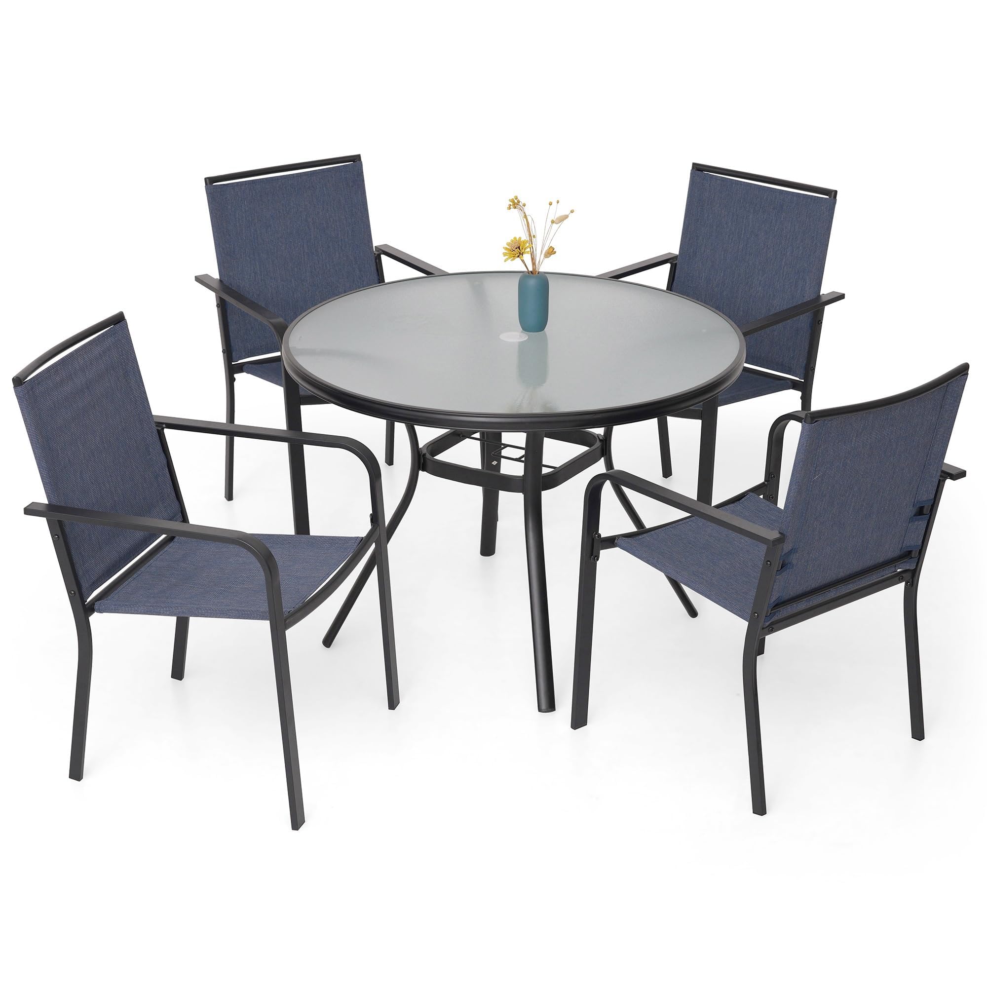 Anmutig 3-Piece Outdoor Dining Set, Small Metal Bistro Table with 2 Stackable Patio Chairs, 27.5 x 27.5 Inch Round Table, Brown Fabric
