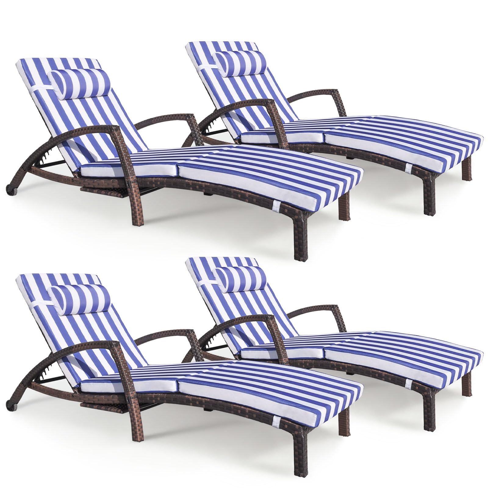 Chaise Lounge Chairs Outdoor Set of 2, Comfy Outside Wicker Patio Pool Lounge Chair w/ 5 Adjustable Back Angle, Cup Holder, Thicken Cushion
