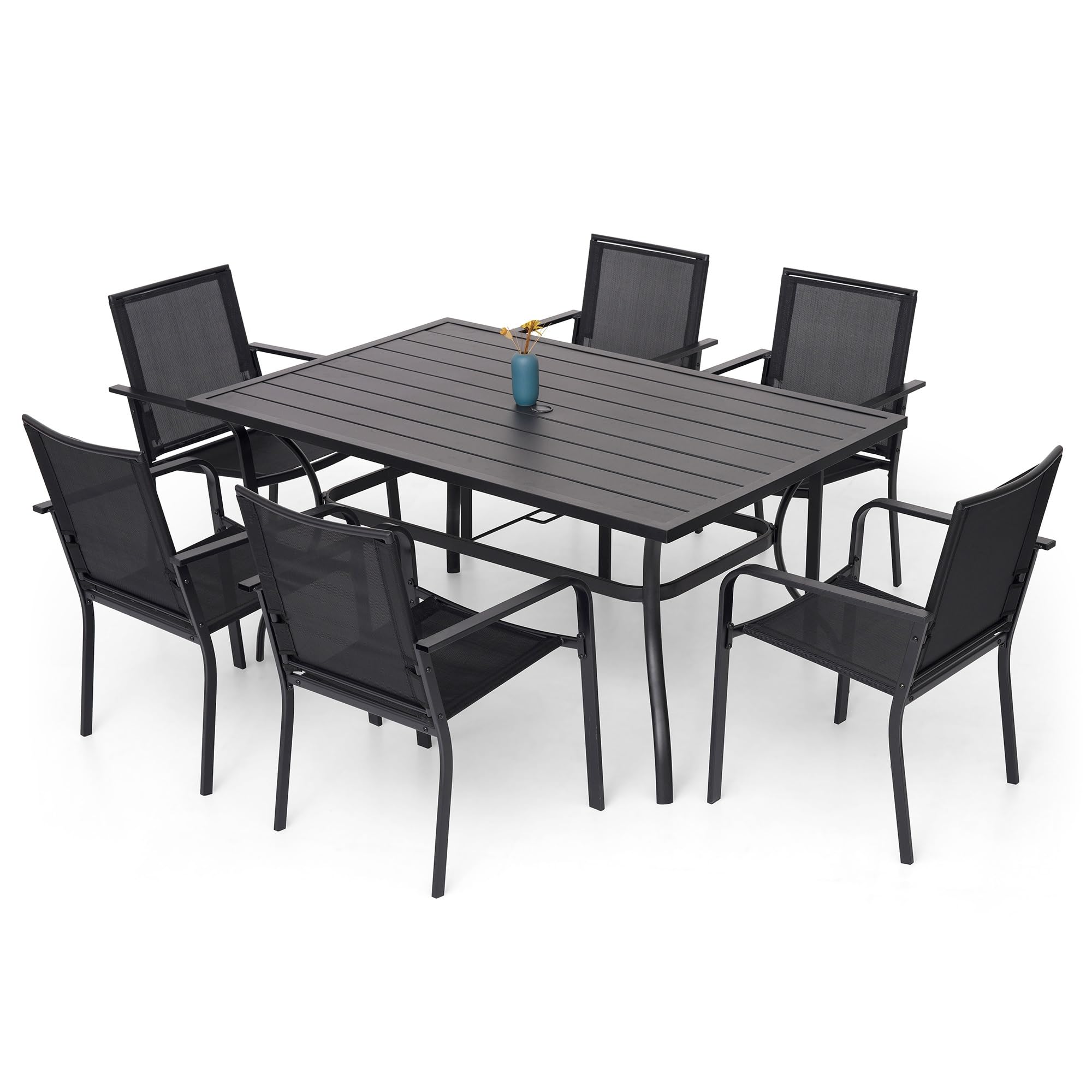 Anmutig 3-Piece Outdoor Dining Set, Small Metal Bistro Table with 2 Stackable Patio Chairs, 27.5 x 27.5 Inch Round Table, Brown Fabric