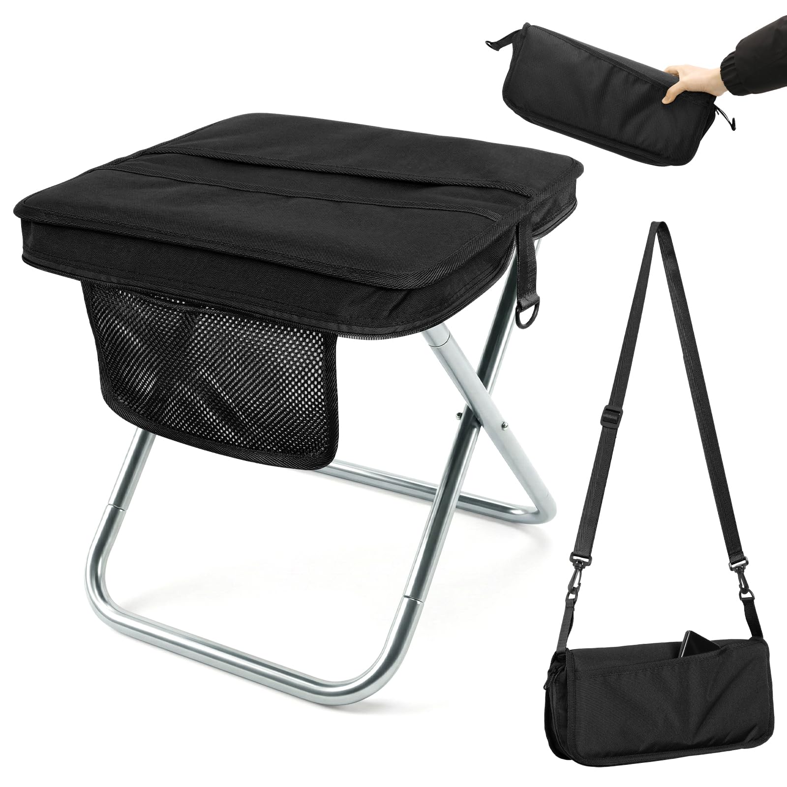 AOUTACC Camping Stool with Shoulder Strap,Ultralight Collapsible Handbag Style Stool,Pocket Portable Seat for Camping Travel Fishing Hiking Beach Backpacking Gardening Picnics-L(Black)