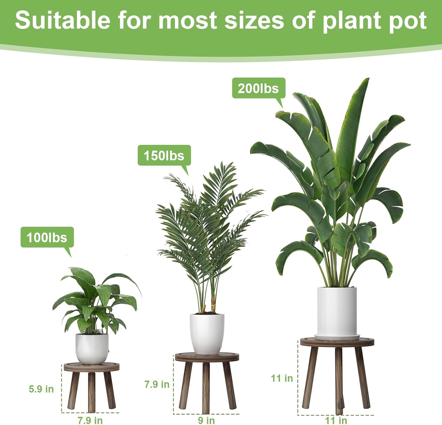 3-Pack Wood Plant Stands Indoor, Single Plant Stand for 6-12 Inch Pots, Mid-Century Modern Plant Stool, Tall Plant Stand for Large Plants Perfect Fit for Living Room, Balcony, Office