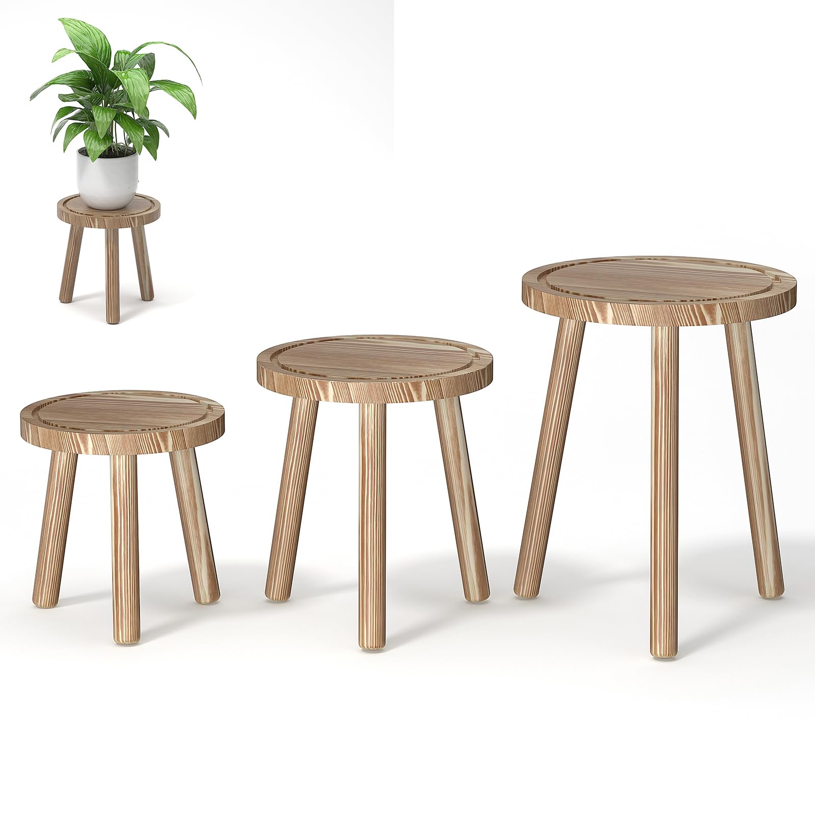 3-Pack Wood Plant Stands Indoor, Single Plant Stand for 6-12 Inch Pots, Mid-Century Modern Plant Stool, Tall Plant Stand for Large Plants Perfect Fit for Living Room, Balcony, Office