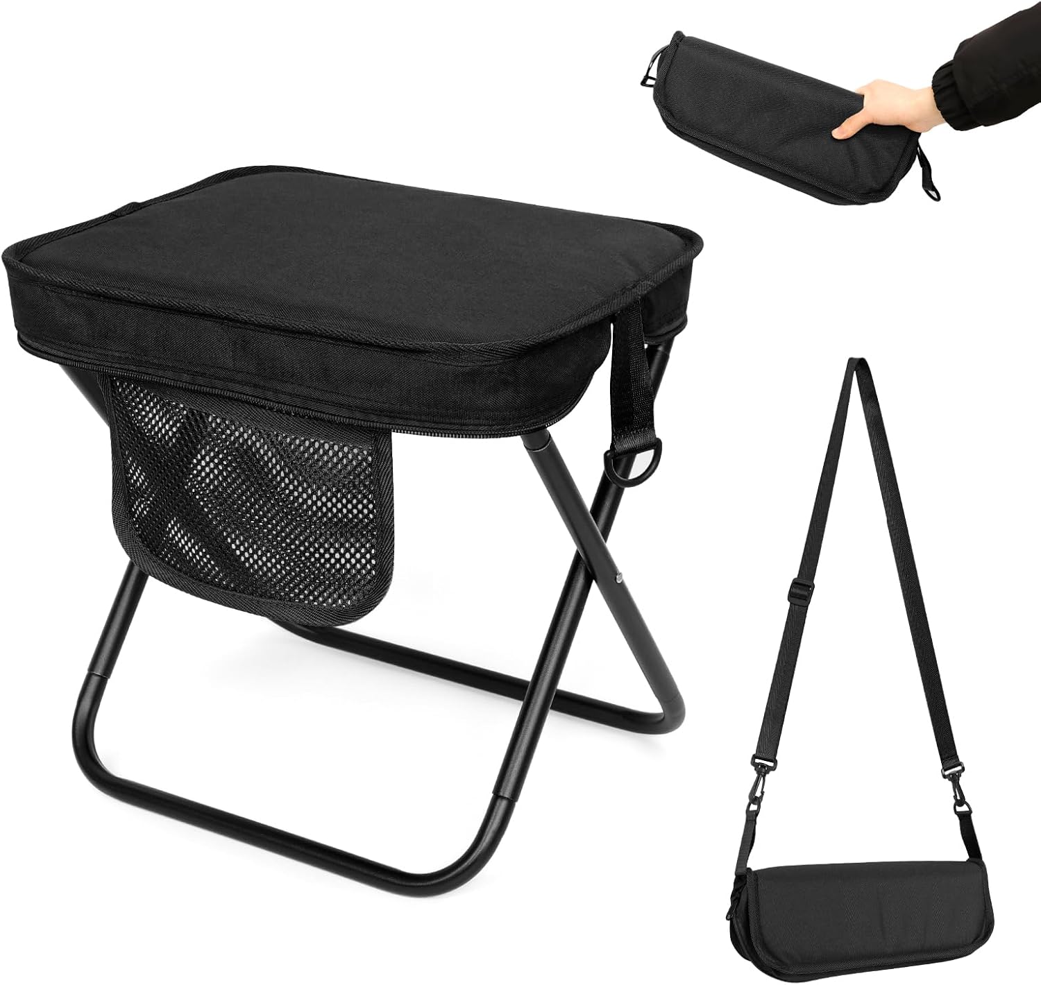 AOUTACC Camping Stool with Shoulder Strap,Ultralight Collapsible Handbag Style Stool,Pocket Portable Seat for Camping Travel Fishing Hiking Beach Backpacking Gardening Picnics-L(Black)