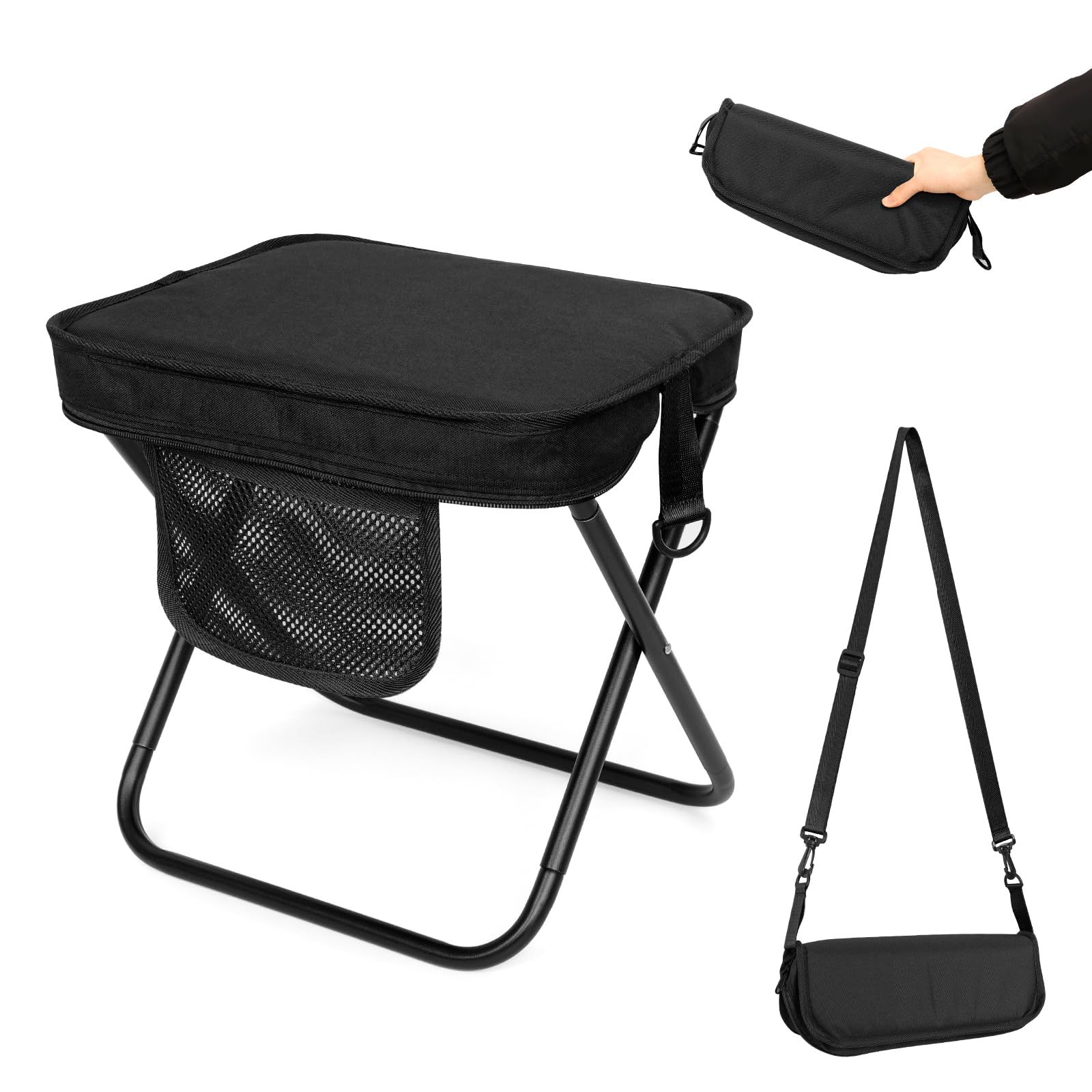AOUTACC Camping Stool with Shoulder Strap,Ultralight Collapsible Handbag Style Stool,Pocket Portable Seat for Camping Travel Fishing Hiking Beach Backpacking Gardening Picnics-L(Black)