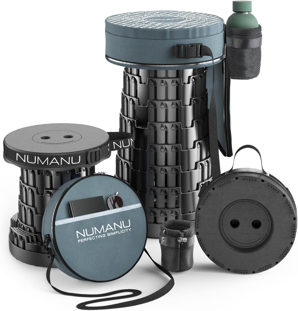 NUMANU 2026 Upgraded Collapsible Stool & 3IN1 Cushioned Carry Bag, 2.5"-18" Height Adjustable Max 620lbs, Portable Retractable Telescoping Seat, Foldable Camping Stool or Footrest for Adults (Round)