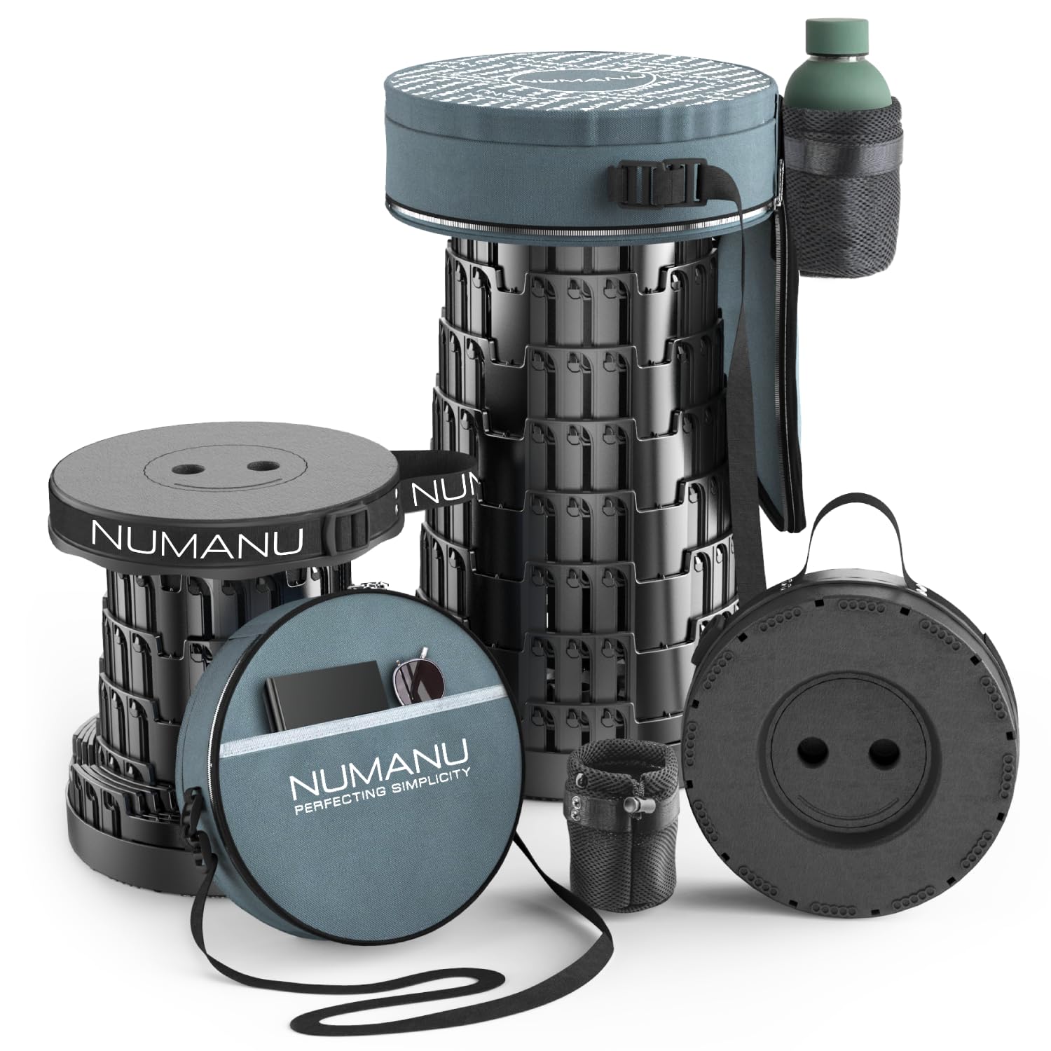 NUMANU 2026 Upgraded Collapsible Stool & 3IN1 Cushioned Carry Bag, 2.5"-18" Height Adjustable Max 620lbs, Portable Retractable Telescoping Seat, Foldable Camping Stool or Footrest for Adults (Round)