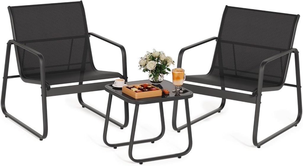 Gizoon Patio Chairs Set of 2, Patio Bistro Set 3PCS, Outdoor Patio Furniture Set with Rust-Resistant Metal Frame, 330LBS Capacity，for Balcony/Lawn/Patio/Pool, RCS Certified Recycled Material, Black