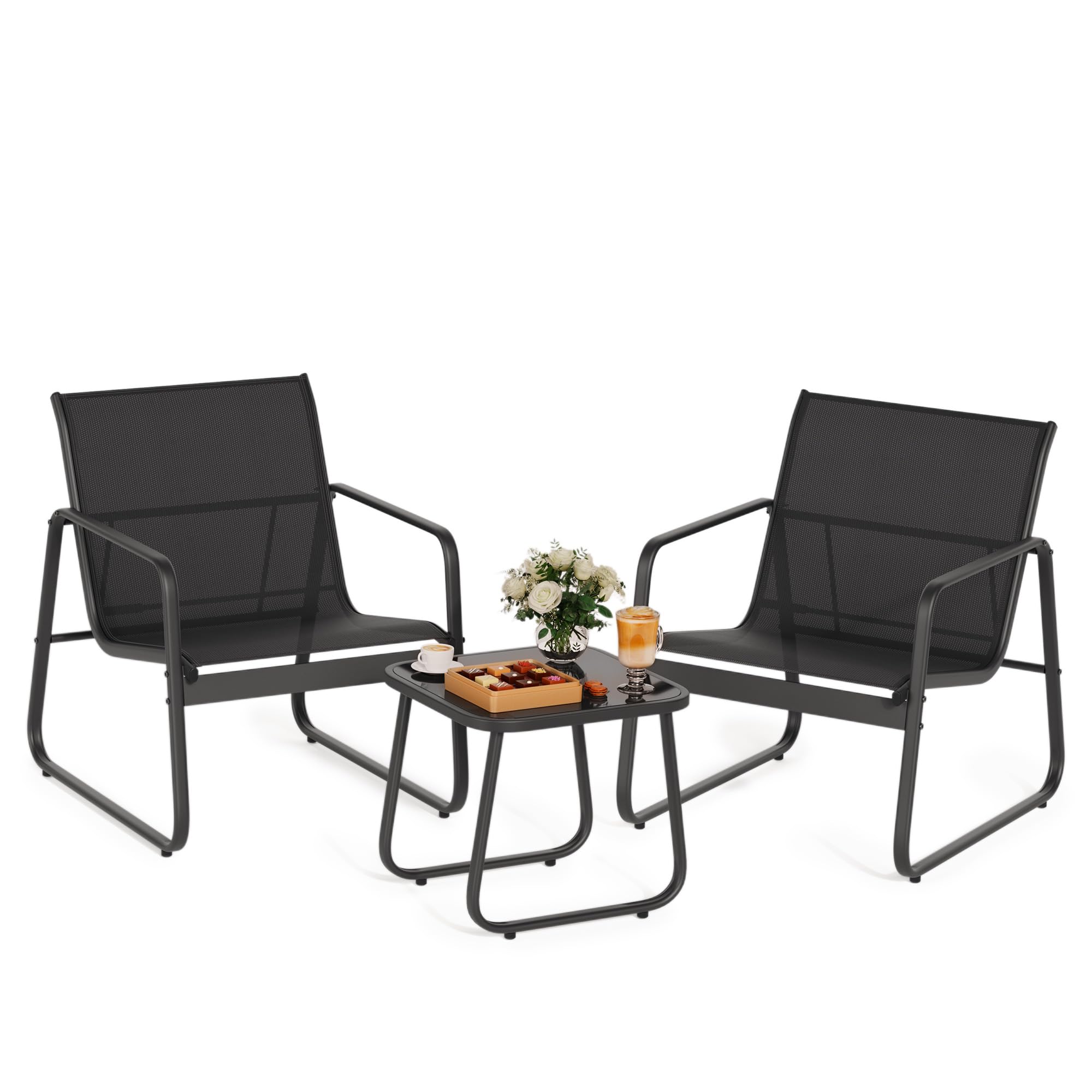Gizoon Patio Chairs Set of 2, Patio Bistro Set 3PCS, Outdoor Patio Furniture Set with Rust-Resistant Metal Frame, 330LBS Capacity，for Balcony/Lawn/Patio/Pool, RCS Certified Recycled Material, Black