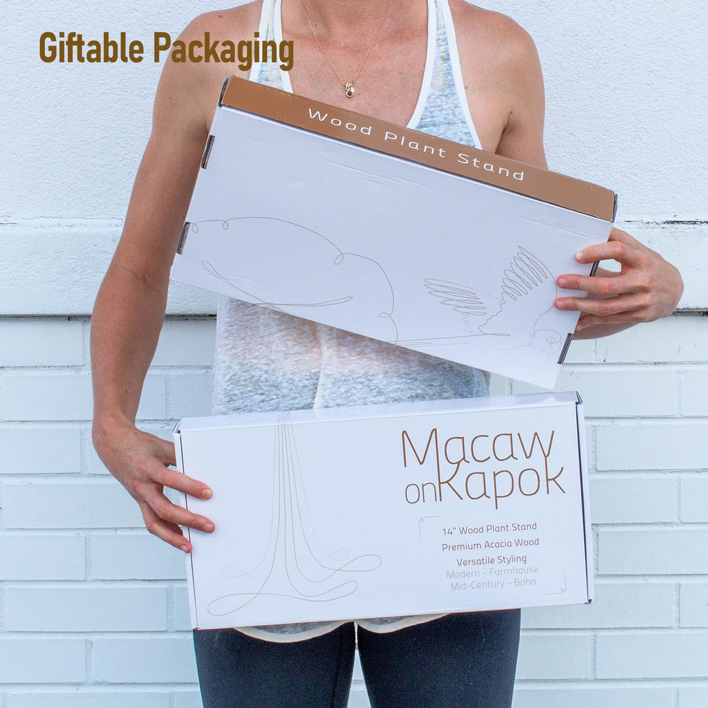 Macaw on Kapok Wood Plant Stand - Fits 8 10 12 to 14 inch Plant Pot - Acacia Solid Wood - Planter Stands for Indoor Plants - Outdoor Planter Large - Modern Plant Holder - Mid Century Plant Stand - Flower Pot Stand