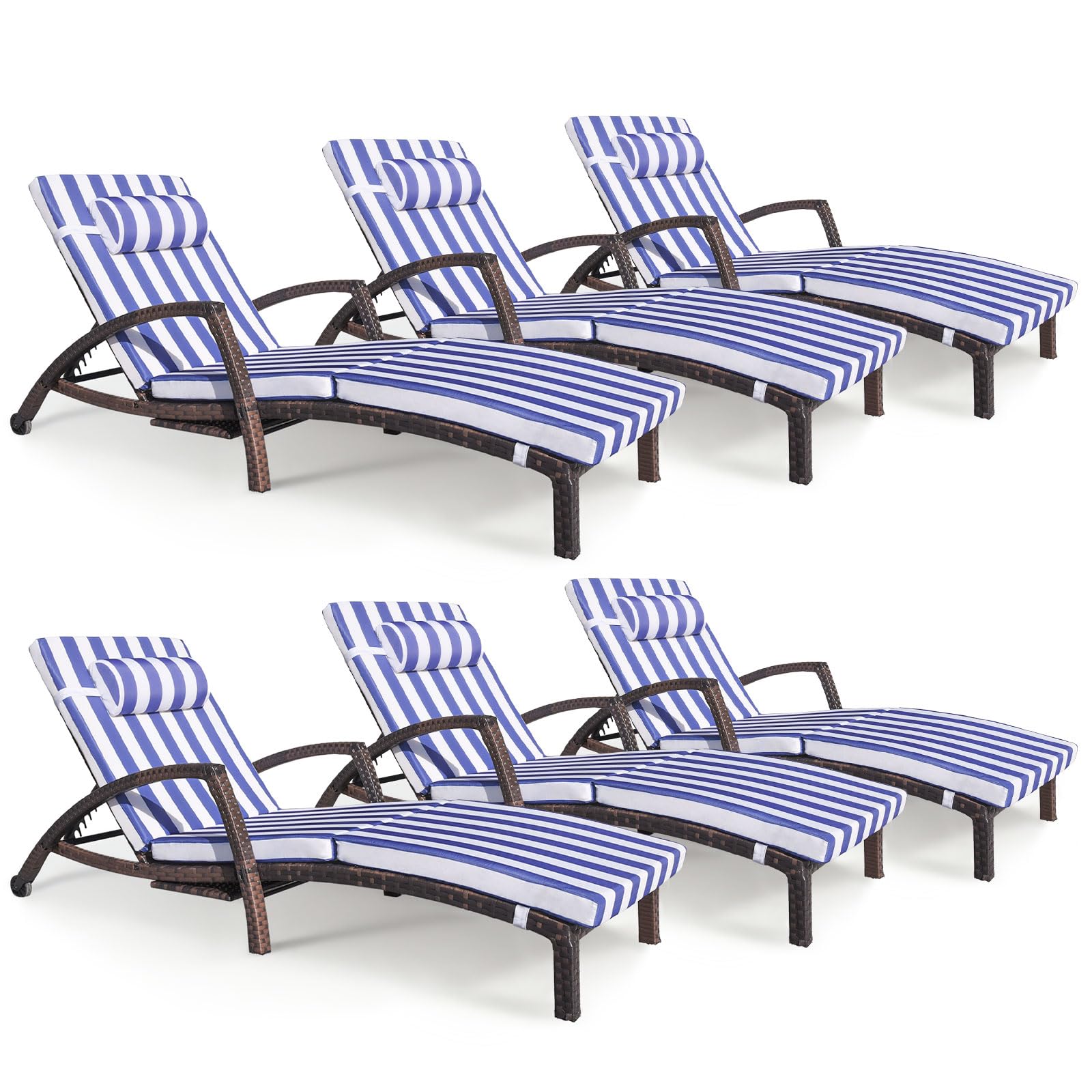 Chaise Lounge Chairs Outdoor Set of 2, Comfy Outside Wicker Patio Pool Lounge Chair w/ 5 Adjustable Back Angle, Cup Holder, Thicken Cushion