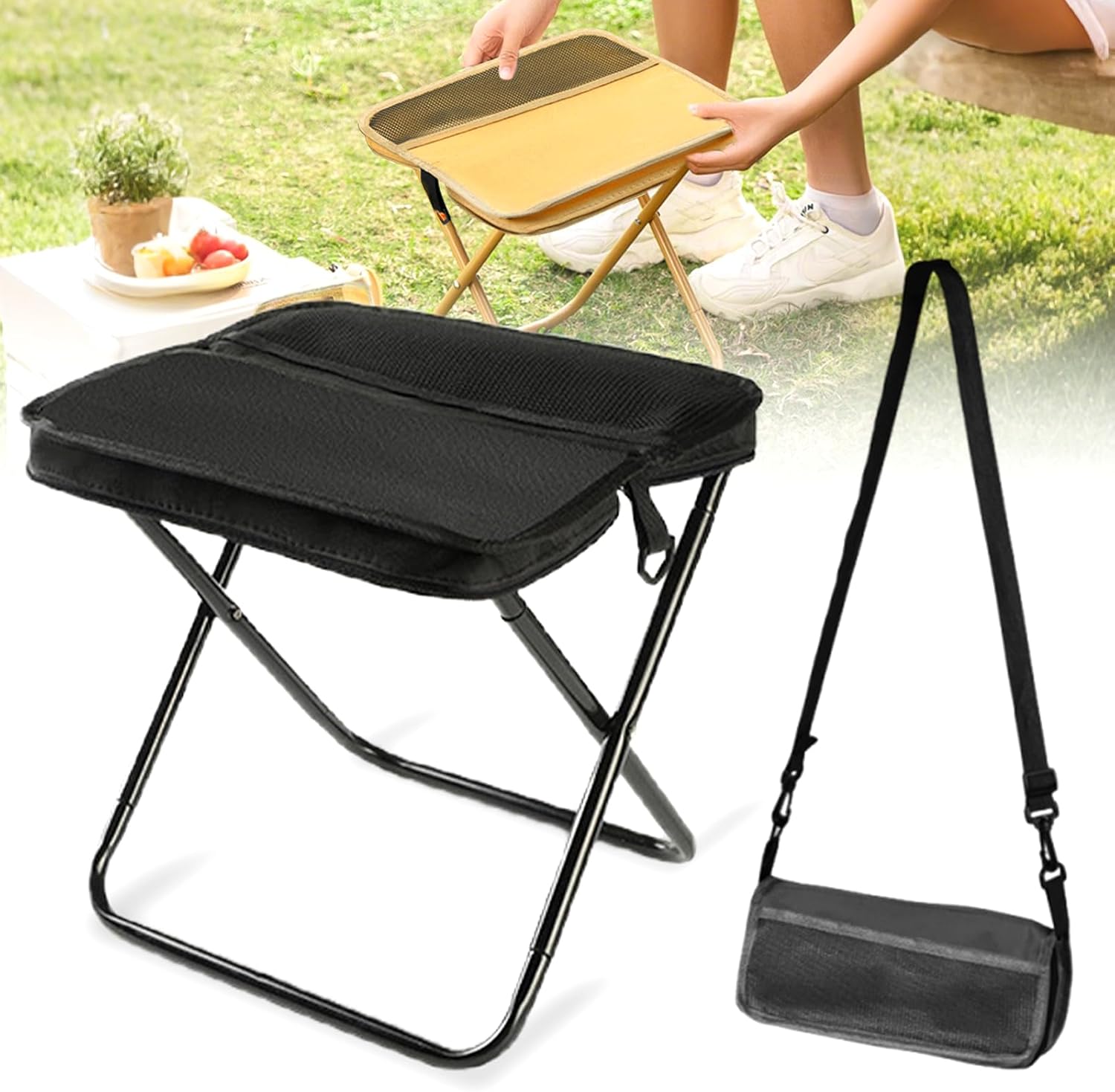 hoehew Portable Stool for Mountaineering and Hiking, 2025 New Lightweight Foldable Stool with Carrying Bag, Outdoor Footstool for Picnic Hiking Fishing (Black, Large)