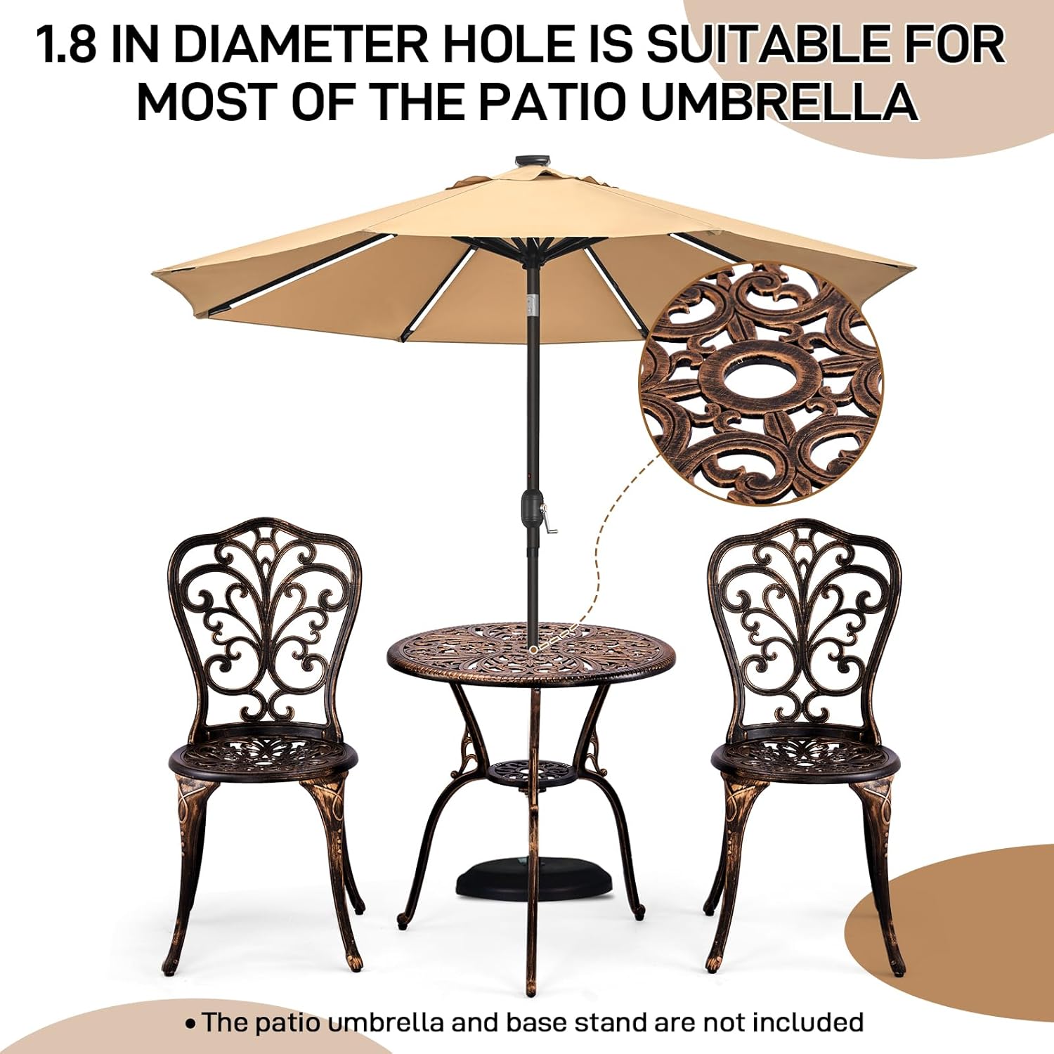 Outvita Patio Table and Chairs Set, Cast Aluminum Outdoor Cafe Table and Chairs Set of 3, Stability Patio Bistro Sets with Umbrella Hole for Garden, Patio, Balcony, Butterfly Pattern Bronze