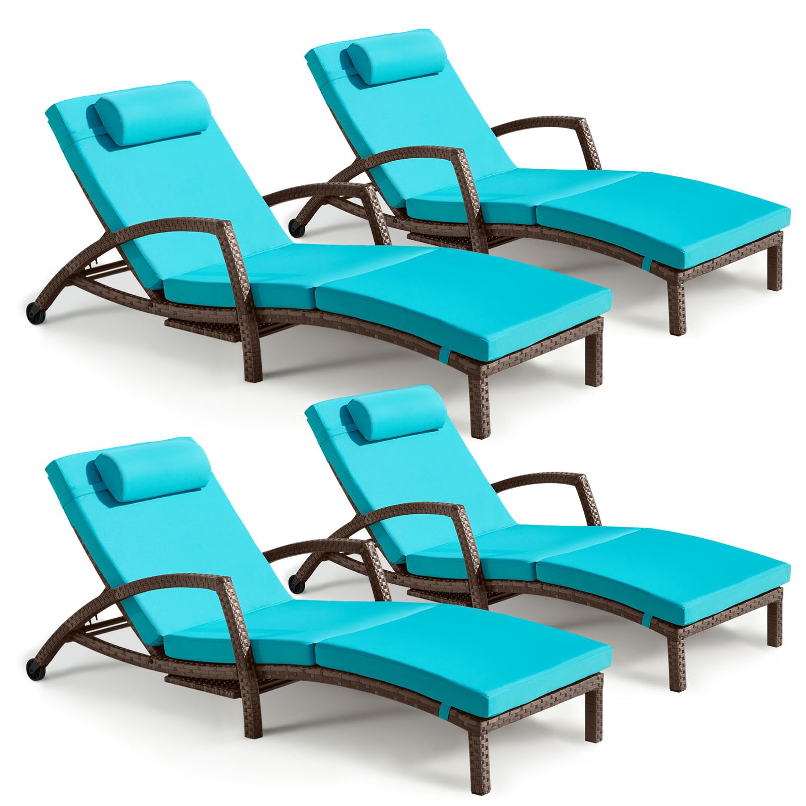 Chaise Lounge Chairs Outdoor Set of 2, Comfy Outside Wicker Patio Pool Lounge Chair w/ 5 Adjustable Back Angle, Cup Holder, Thicken Cushion