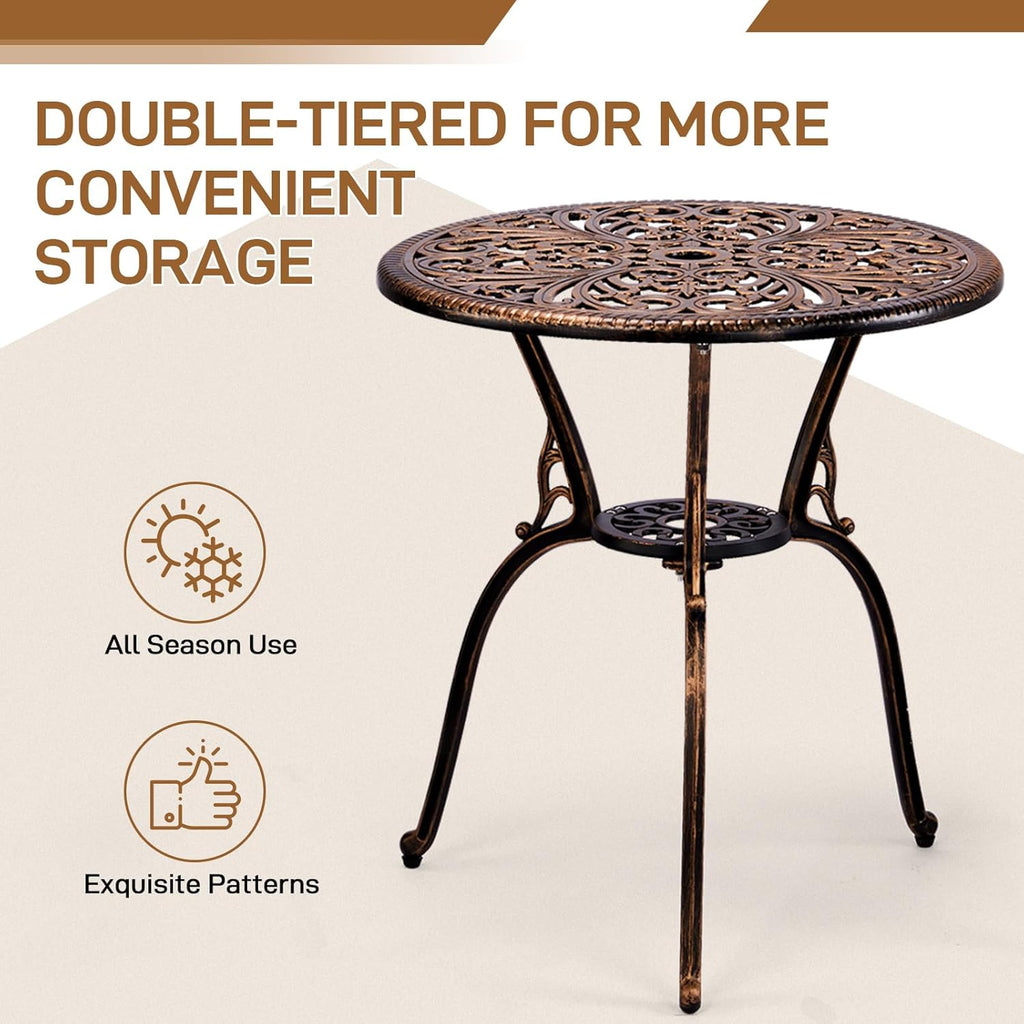 Outvita Patio Table and Chairs Set, Cast Aluminum Outdoor Cafe Table and Chairs Set of 3, Stability Patio Bistro Sets with Umbrella Hole for Garden, Patio, Balcony, Butterfly Pattern Bronze