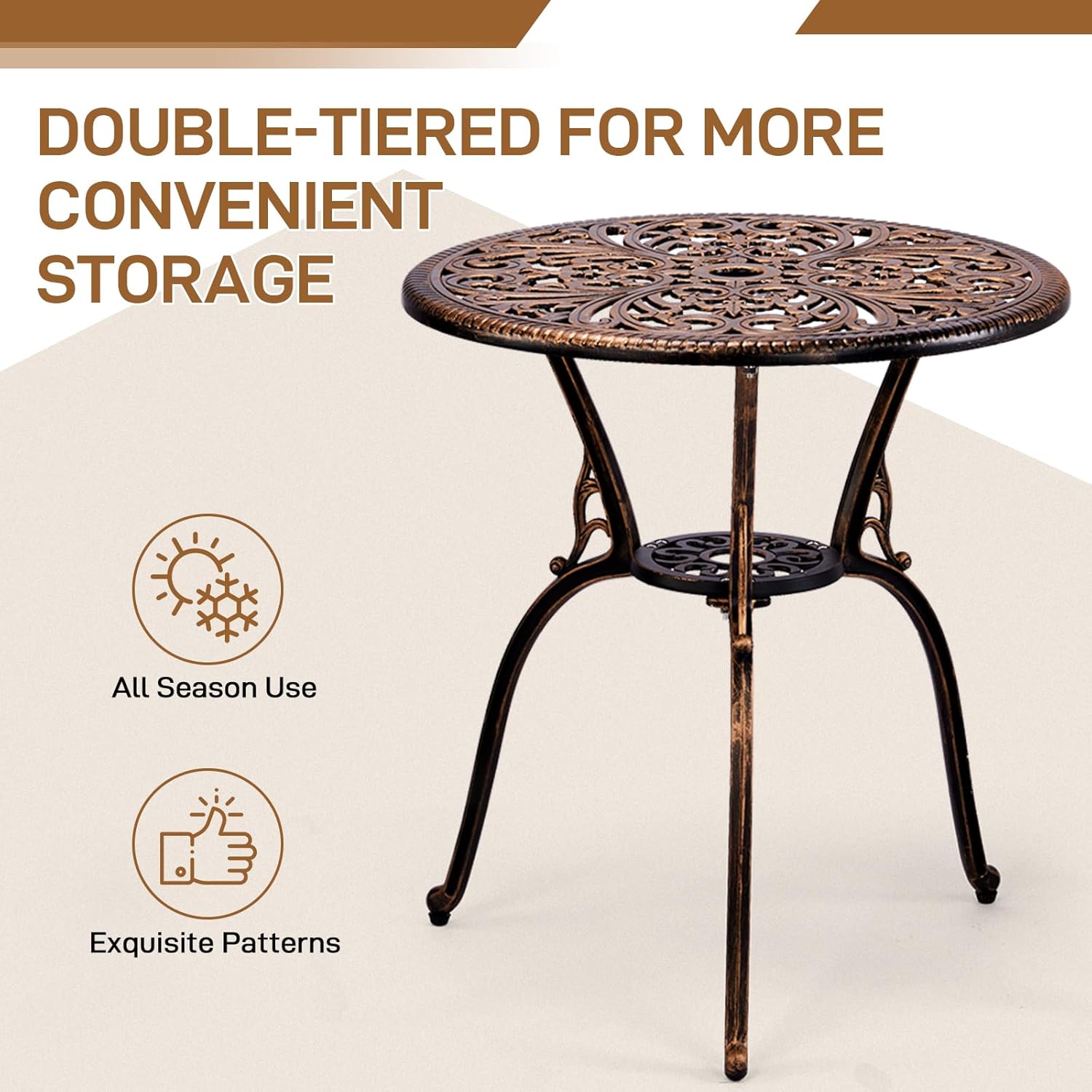 Outvita Patio Table and Chairs Set, Cast Aluminum Outdoor Cafe Table and Chairs Set of 3, Stability Patio Bistro Sets with Umbrella Hole for Garden, Patio, Balcony, Butterfly Pattern Bronze