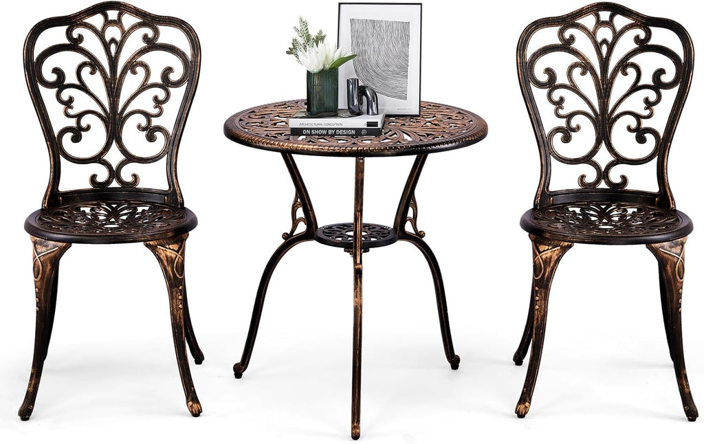 Outvita Patio Table and Chairs Set, Cast Aluminum Outdoor Cafe Table and Chairs Set of 3, Stability Patio Bistro Sets with Umbrella Hole for Garden, Patio, Balcony, Butterfly Pattern Bronze