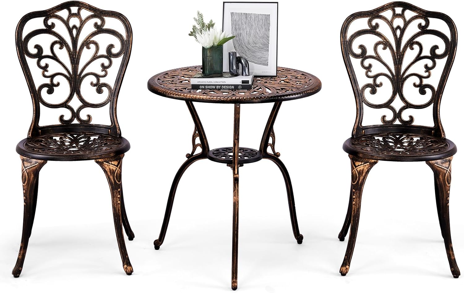 Outvita Patio Table and Chairs Set, Cast Aluminum Outdoor Cafe Table and Chairs Set of 3, Stability Patio Bistro Sets with Umbrella Hole for Garden, Patio, Balcony, Butterfly Pattern Bronze