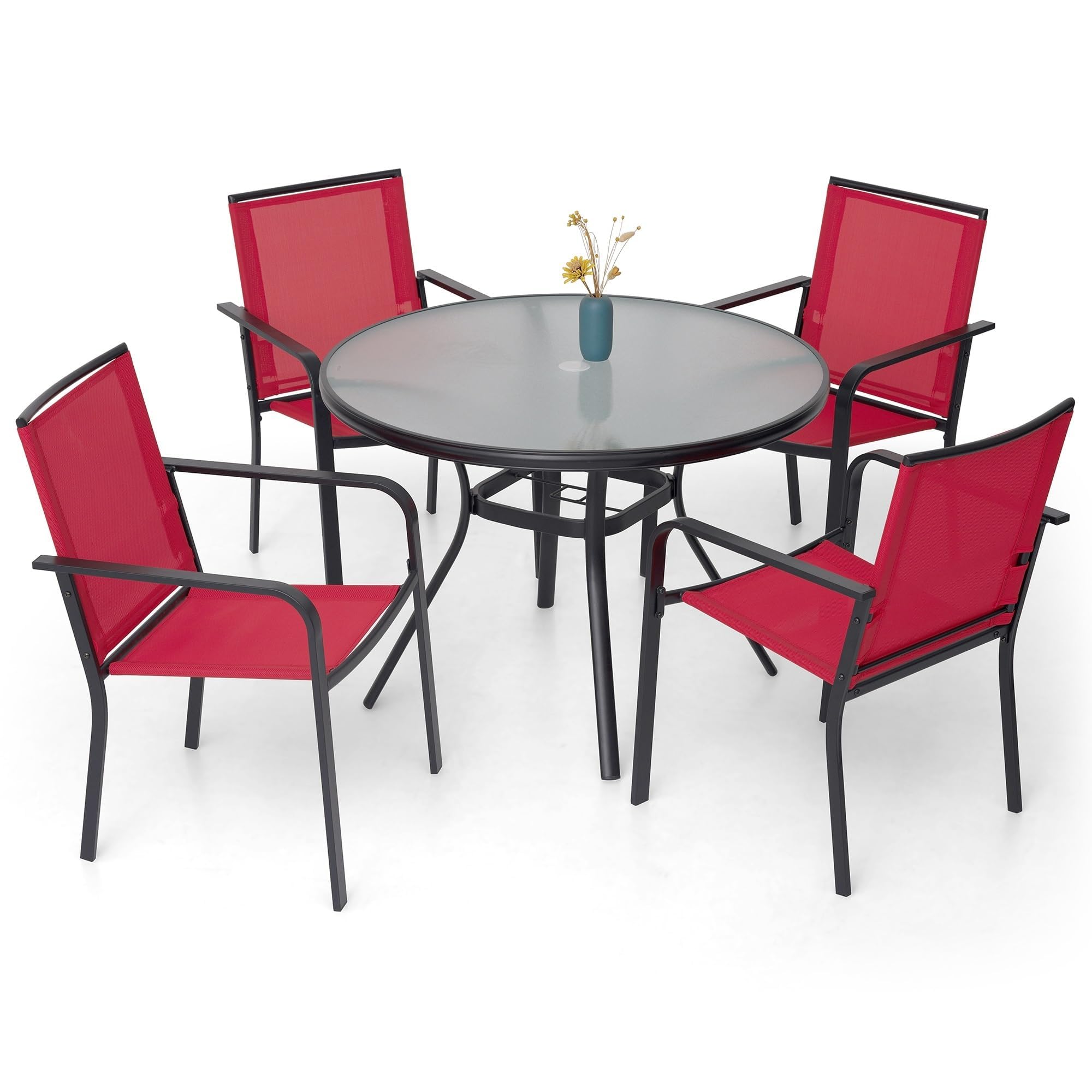 Anmutig 3-Piece Outdoor Dining Set, Small Metal Bistro Table with 2 Stackable Patio Chairs, 27.5 x 27.5 Inch Round Table, Brown Fabric