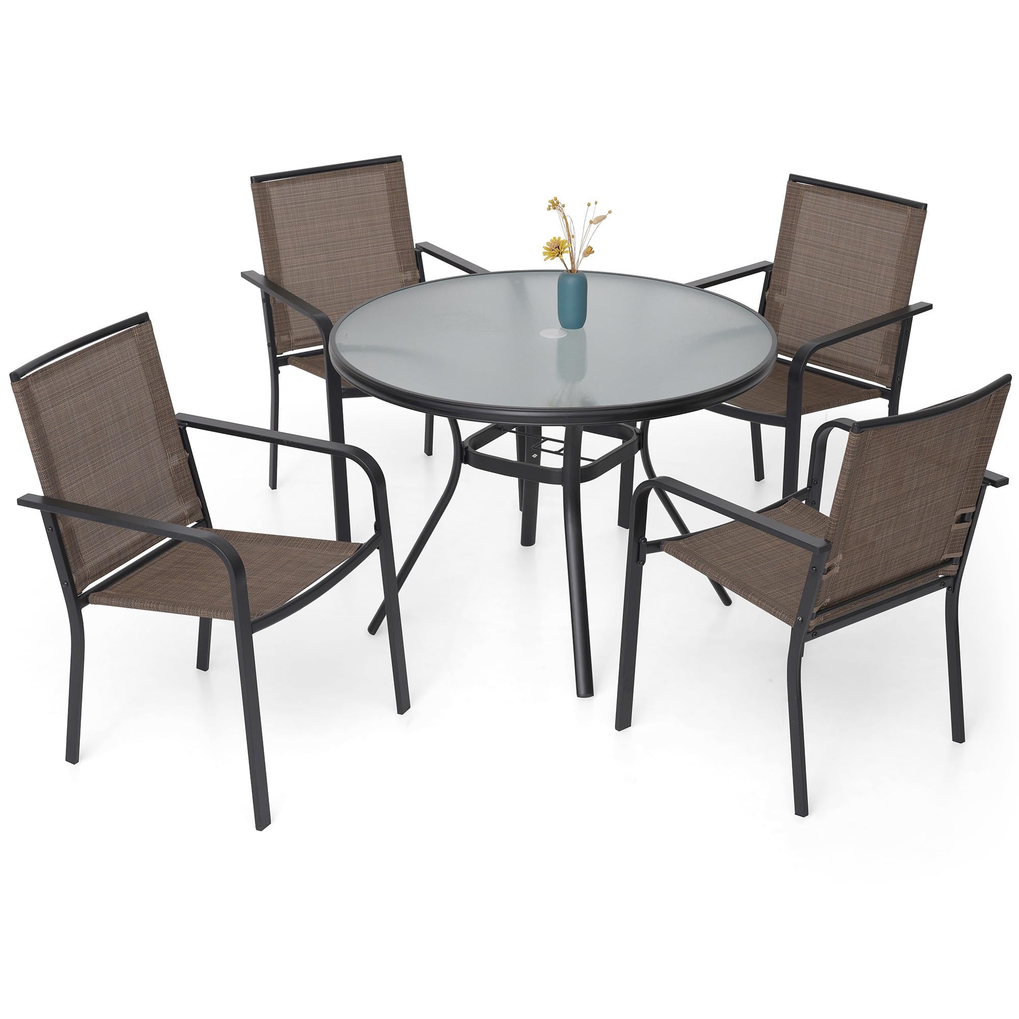 Anmutig 3-Piece Outdoor Dining Set, Small Metal Bistro Table with 2 Stackable Patio Chairs, 27.5 x 27.5 Inch Round Table, Brown Fabric
