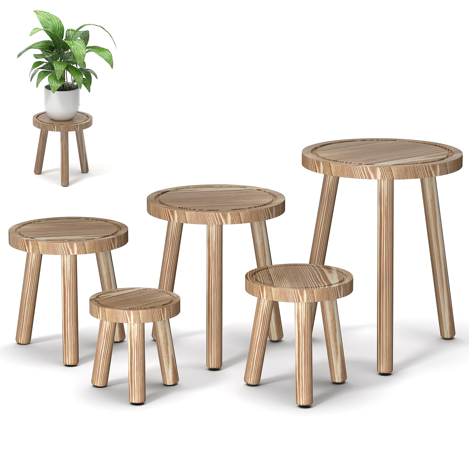 3-Pack Wood Plant Stands Indoor, Single Plant Stand for 6-12 Inch Pots, Mid-Century Modern Plant Stool, Tall Plant Stand for Large Plants Perfect Fit for Living Room, Balcony, Office