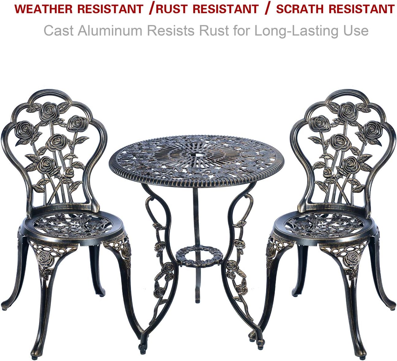 C/G 3 Piece Bistro Set, Outdoor Patio Table, Anti-Rust Cast Aluminum for Front Porch & Yard (Antique Copper)