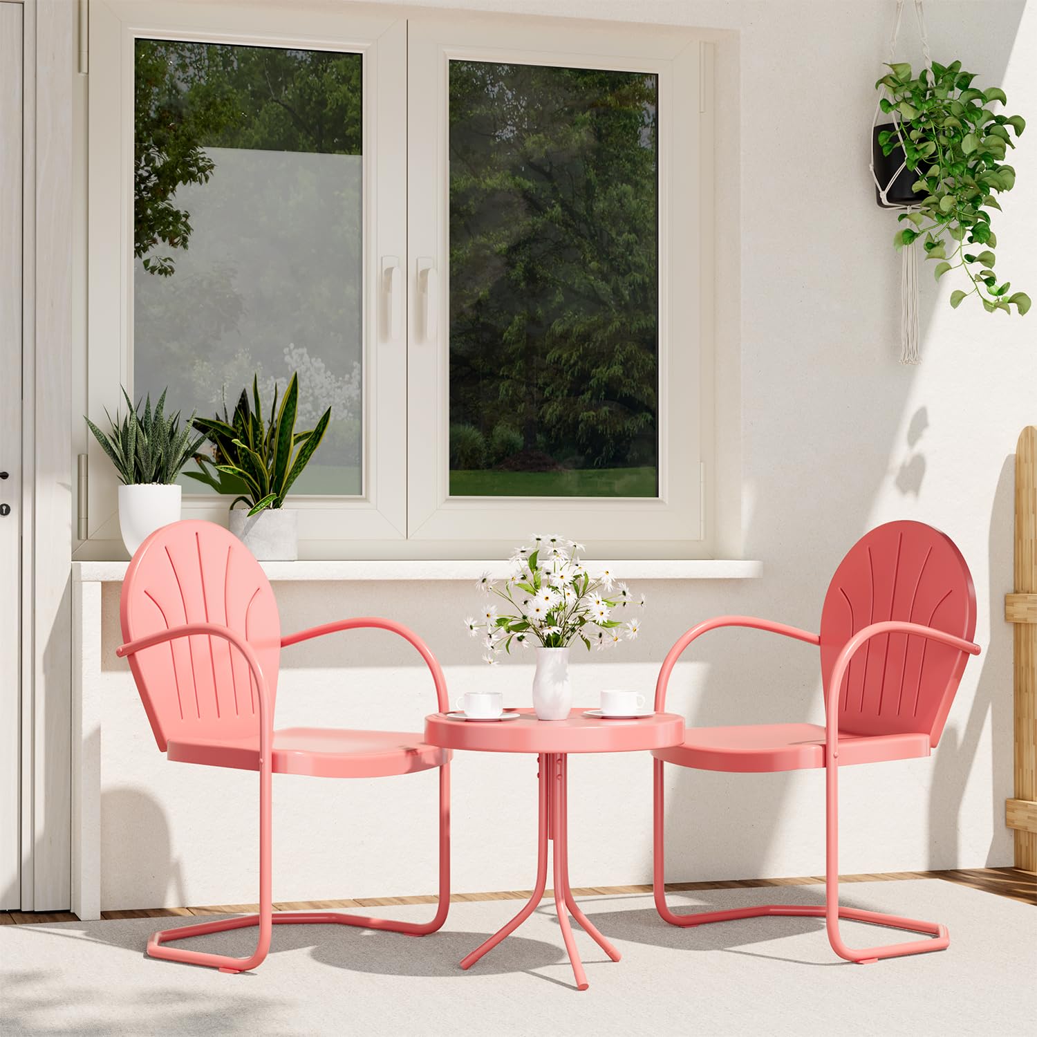 3 Piece Bistro Set, Anti-Rust Table and Chairs Set of 2, Waterproof Retro Metal Chairs for Outdoor Indoor/Porch/Lawn/Balcony（Red）
