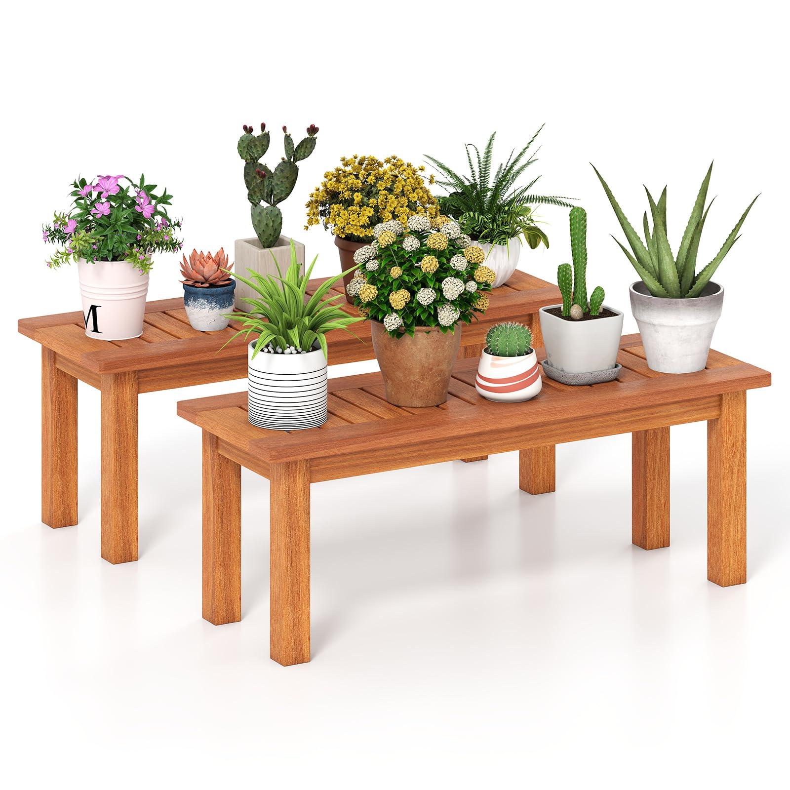 Tangkula Wooden Plant Stand, Outdoor Indoor Solid Wood Flower Pot Holder Display Shelf with Teak Oil Finish, Slatted Top, Rustic Plant Rack for Patio Garden Entryway Porch