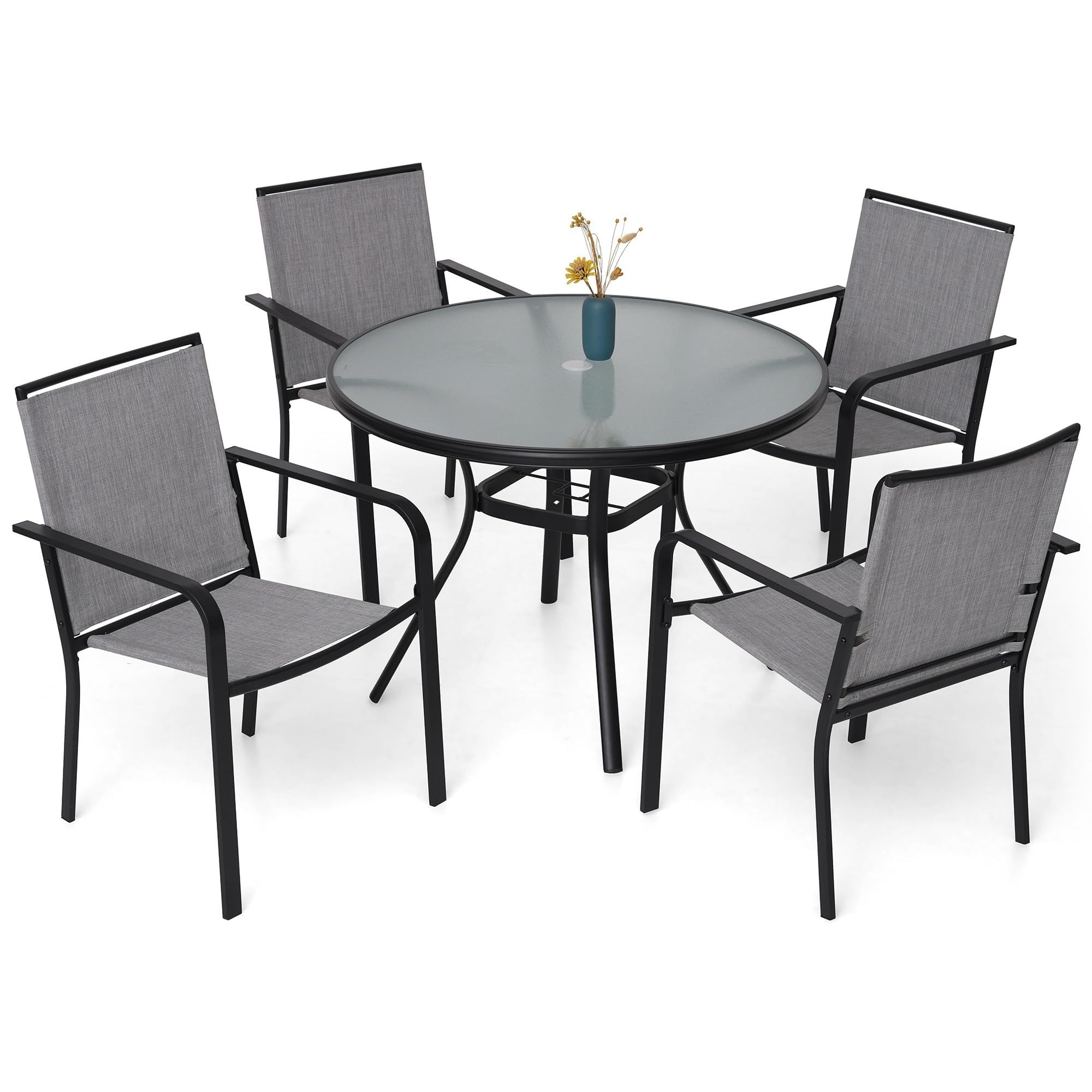 Anmutig 3-Piece Outdoor Dining Set, Small Metal Bistro Table with 2 Stackable Patio Chairs, 27.5 x 27.5 Inch Round Table, Brown Fabric