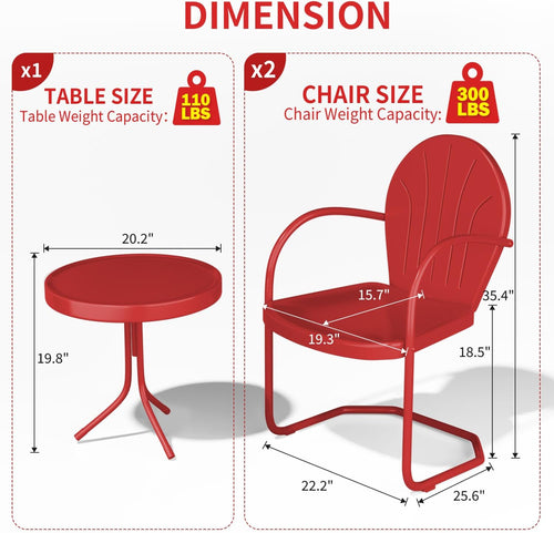 3 Piece Bistro Set, Anti-Rust Table and Chairs Set of 2, Waterproof Retro Metal Chairs for Outdoor Indoor/Porch/Lawn/Balcony（Red）