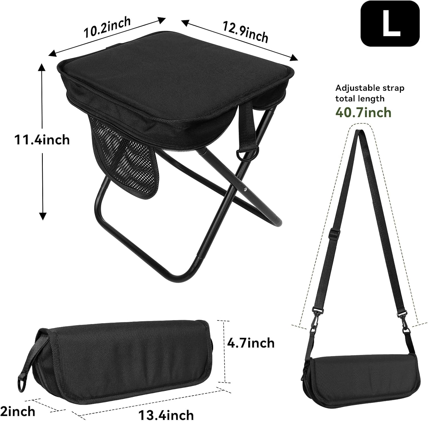 AOUTACC Camping Stool with Shoulder Strap,Ultralight Collapsible Handbag Style Stool,Pocket Portable Seat for Camping Travel Fishing Hiking Beach Backpacking Gardening Picnics-L(Black)