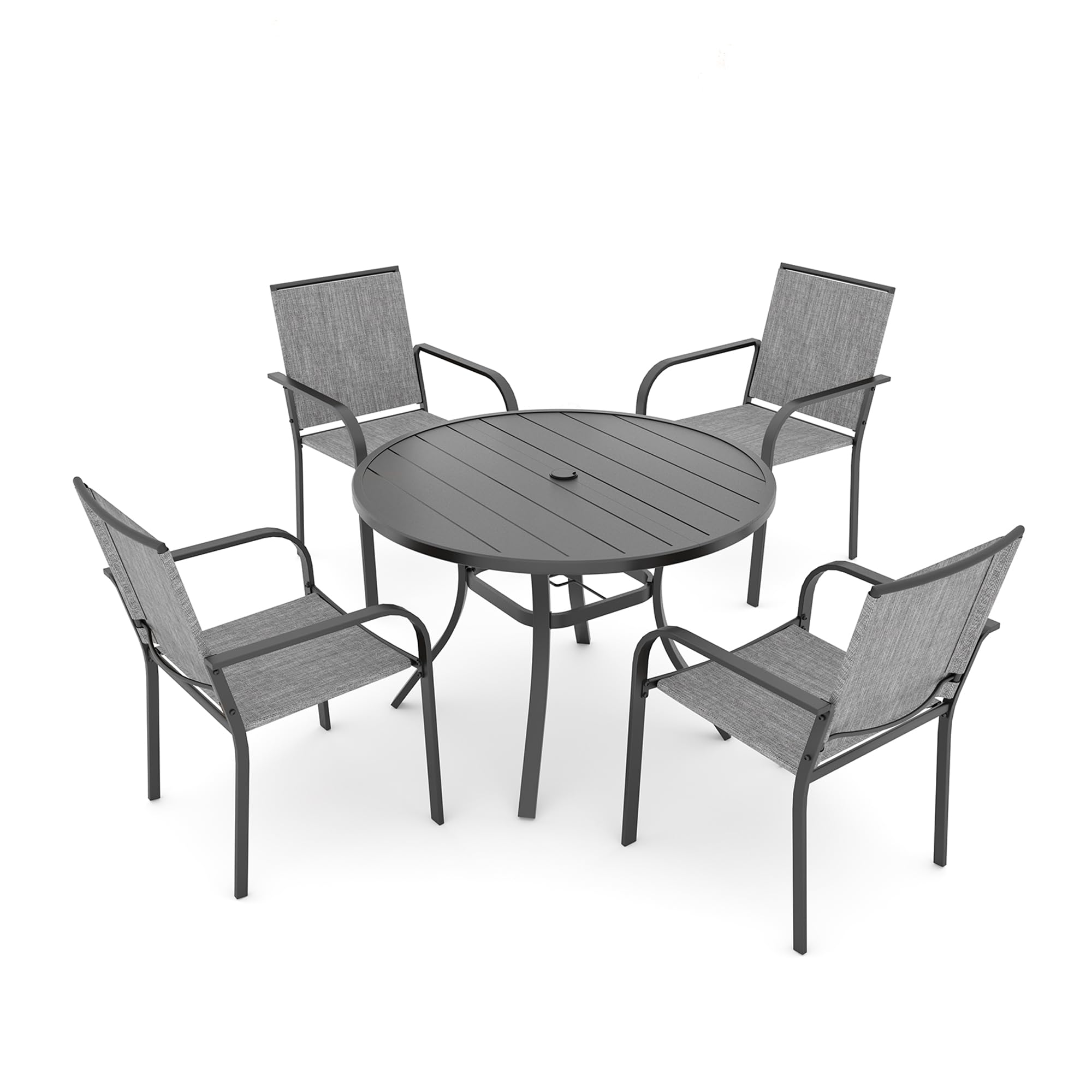 Anmutig 3-Piece Outdoor Dining Set, Small Metal Bistro Table with 2 Stackable Patio Chairs, 27.5 x 27.5 Inch Round Table, Brown Fabric