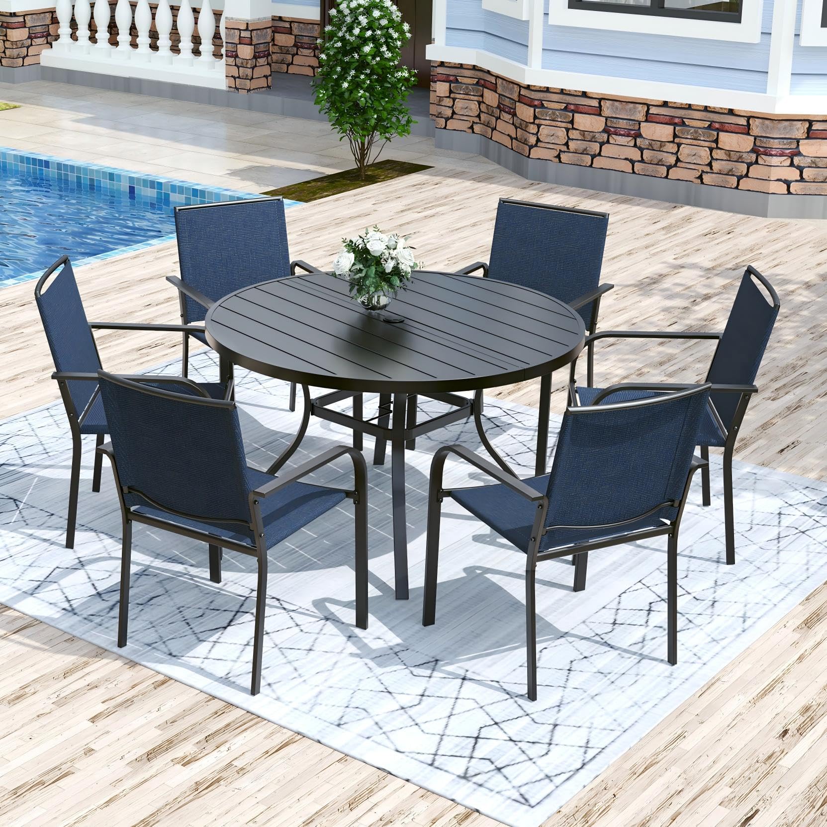 Anmutig 3-Piece Outdoor Dining Set, Small Metal Bistro Table with 2 Stackable Patio Chairs, 27.5 x 27.5 Inch Round Table, Brown Fabric