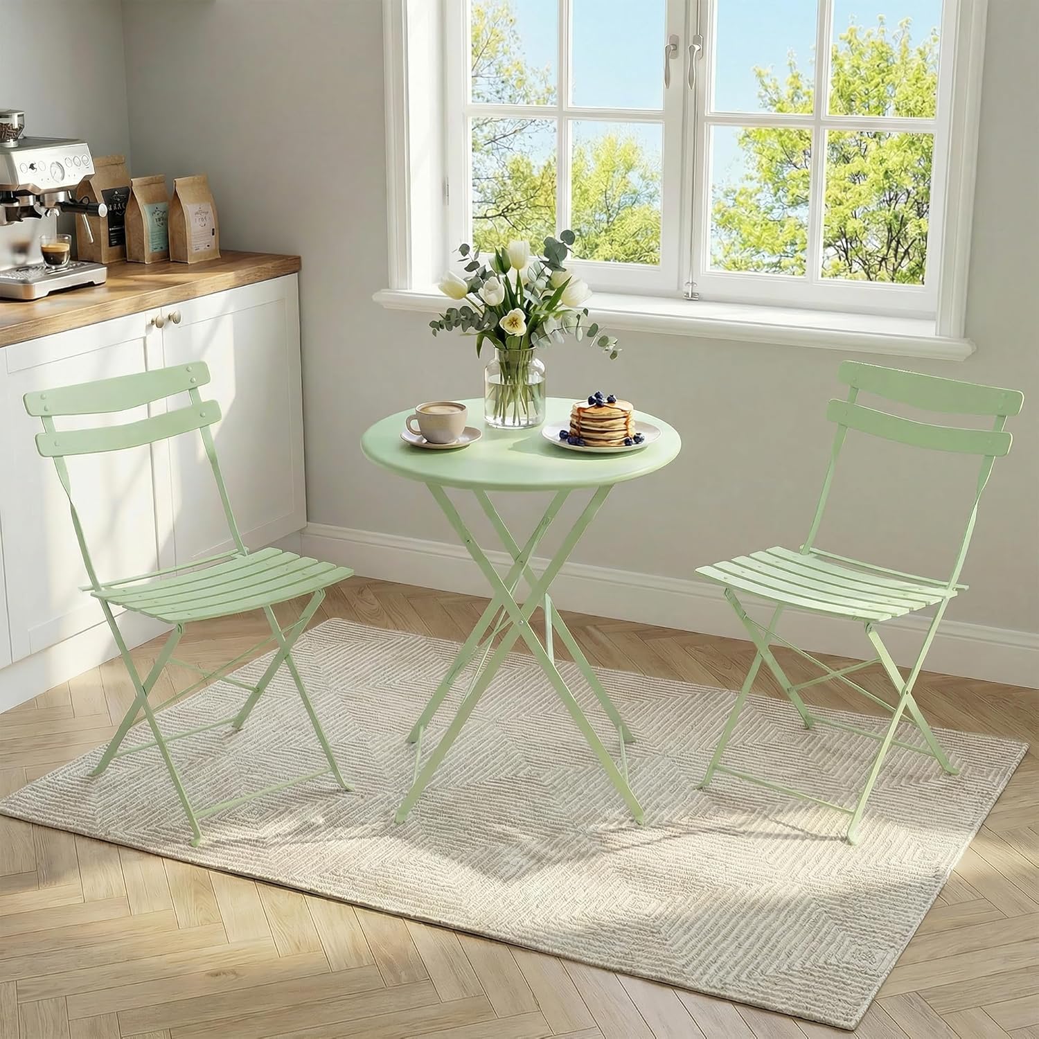 GarveeLife 3 Piece Patio Bistro Set, Folding Patio Bistro Table and Chairs Set of 2, Outdoor Patio Furniture Set, Metal Structure, No Assembly Need, for Balcony Yard Garden, Green