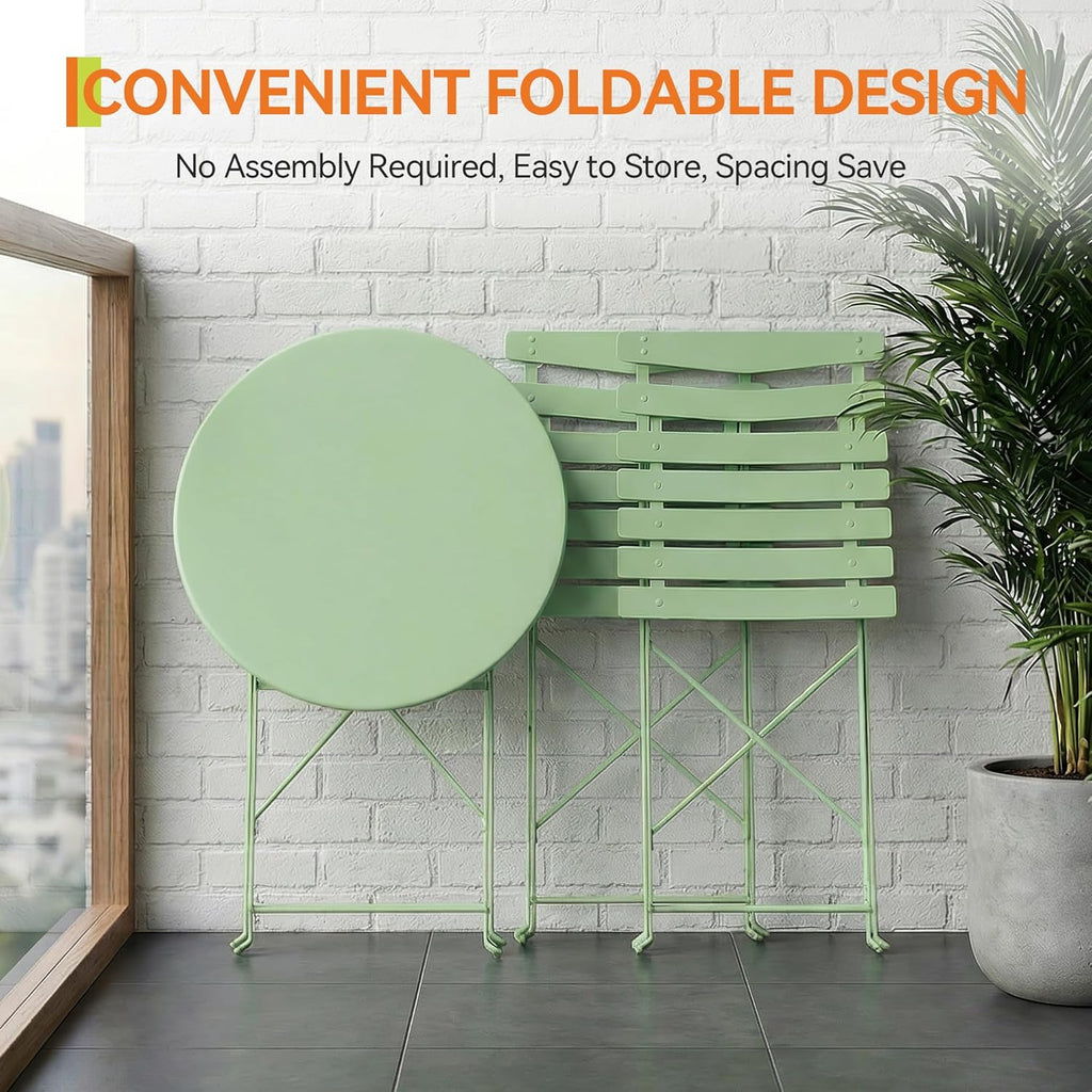 GarveeLife 3 Piece Patio Bistro Set, Folding Patio Bistro Table and Chairs Set of 2, Outdoor Patio Furniture Set, Metal Structure, No Assembly Need, for Balcony Yard Garden, Green