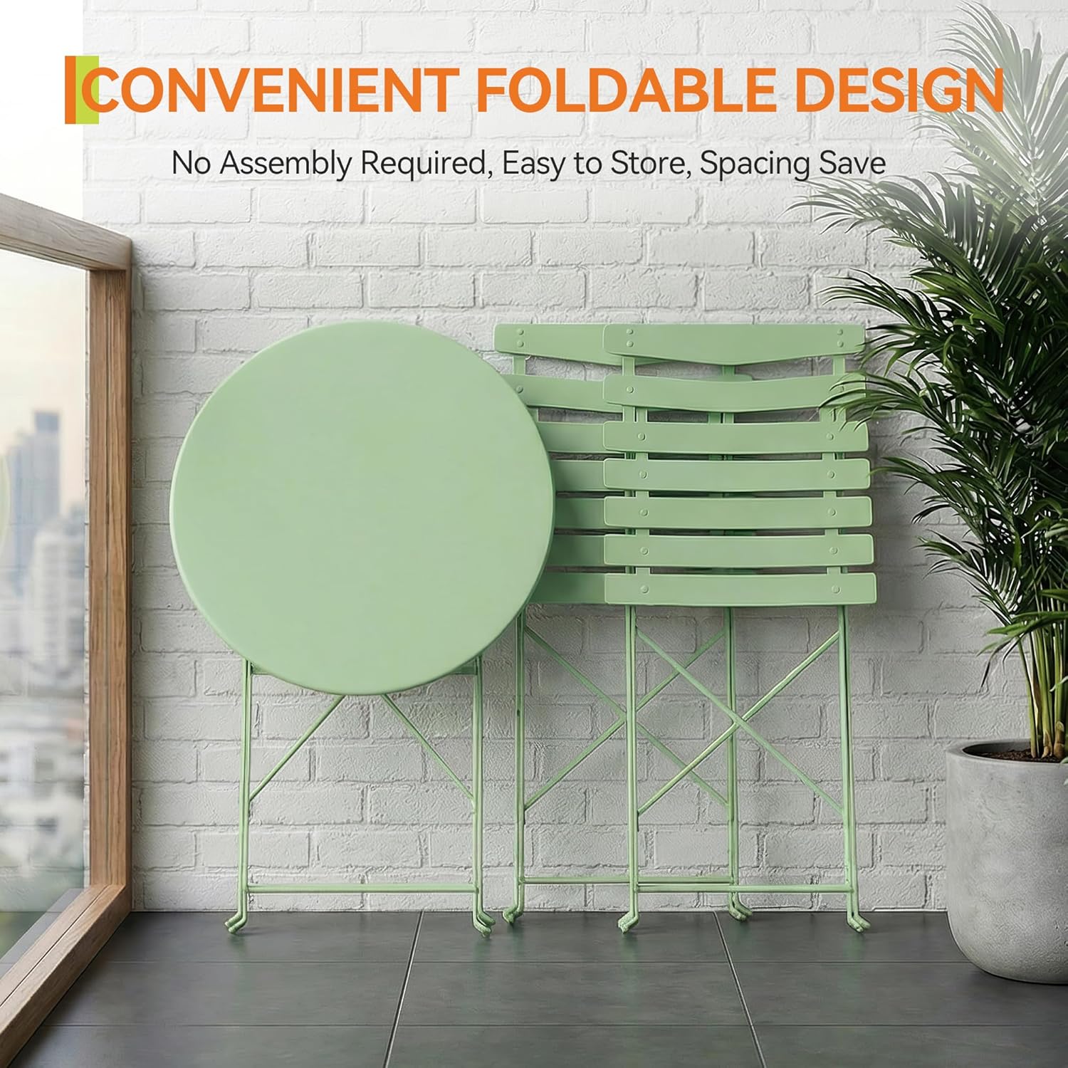 GarveeLife 3 Piece Patio Bistro Set, Folding Patio Bistro Table and Chairs Set of 2, Outdoor Patio Furniture Set, Metal Structure, No Assembly Need, for Balcony Yard Garden, Green