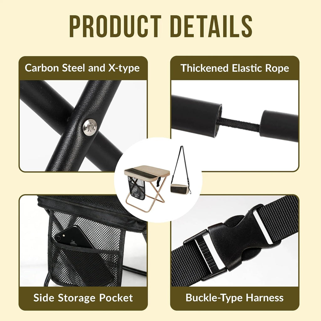 Portable Collapsible Stool - Folding Chair with Storage Pouch, Convertible Satchel for Hands-Free Carry & Supports 265Lbs, Ultralight for Hiking, Fishing, Camping, Festivals (Khaki)