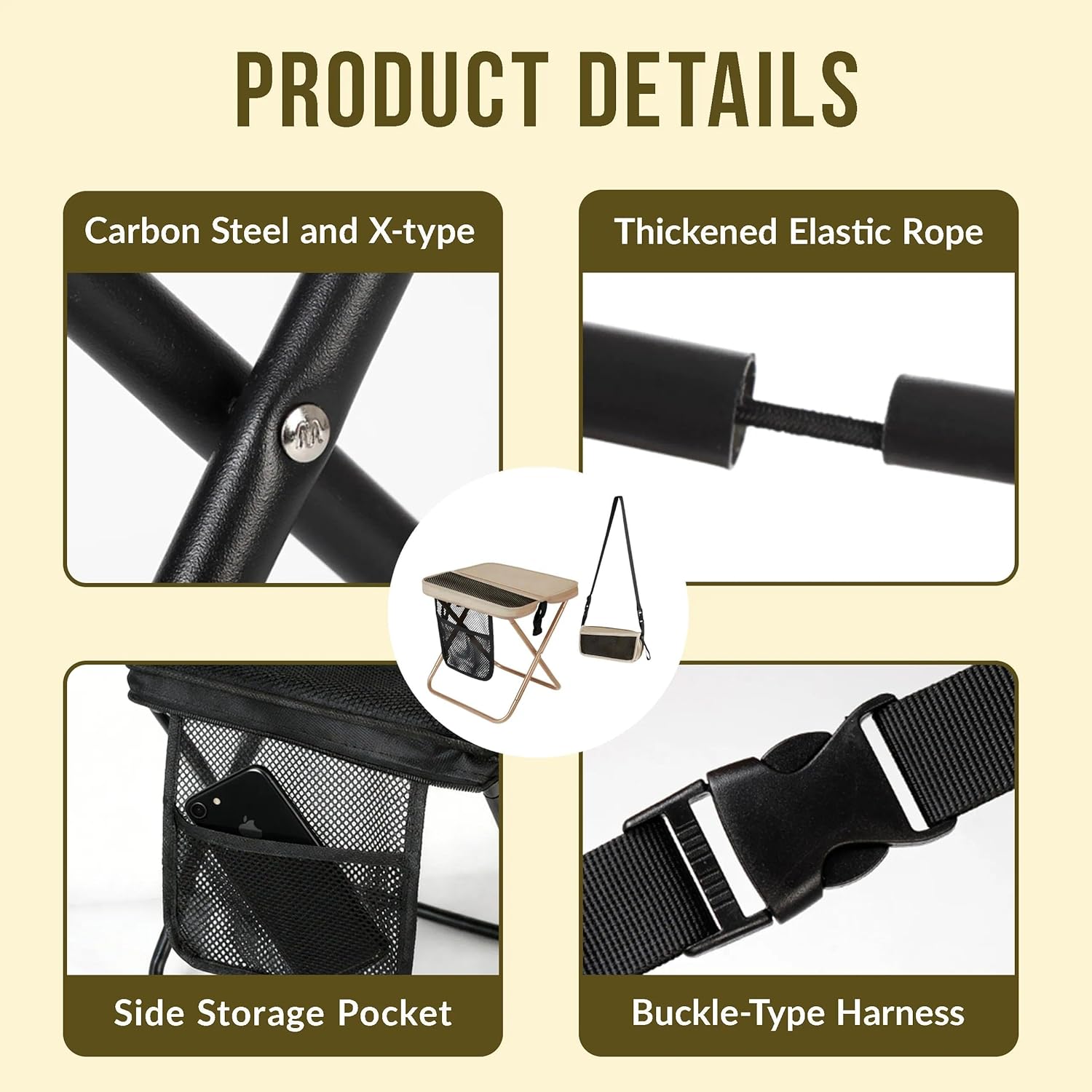 Portable Collapsible Stool - Folding Chair with Storage Pouch, Convertible Satchel for Hands-Free Carry & Supports 265Lbs, Ultralight for Hiking, Fishing, Camping, Festivals (Khaki)