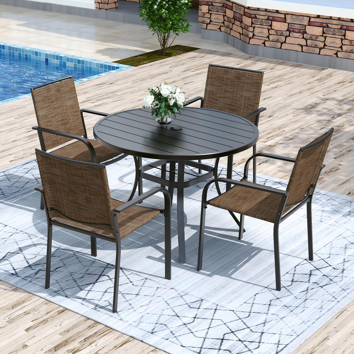 Anmutig 3-Piece Outdoor Dining Set, Small Metal Bistro Table with 2 Stackable Patio Chairs, 27.5 x 27.5 Inch Round Table, Brown Fabric
