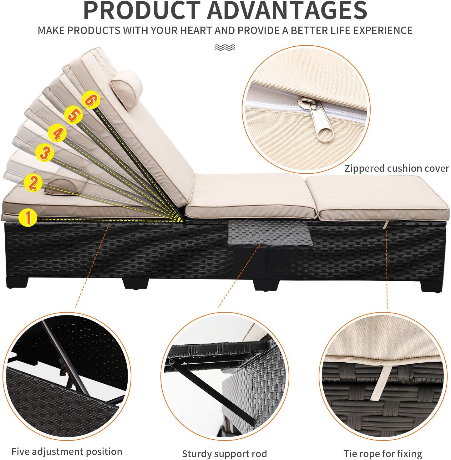 WAROOM Outdoor Chaise Lounge Chairs for Outside Patio Furniture Set of 2 Wicker Recliner Black Rattan Sunbathing Lounger Adjustable Backrest Pool Reclining Chair, Khaki Cushion