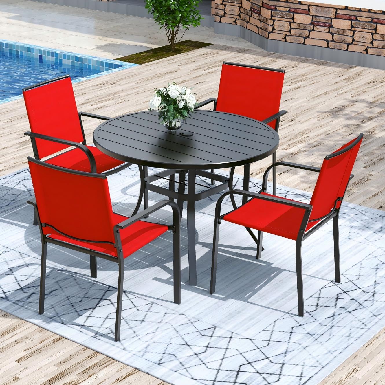 Anmutig 3-Piece Outdoor Dining Set, Small Metal Bistro Table with 2 Stackable Patio Chairs, 27.5 x 27.5 Inch Round Table, Brown Fabric