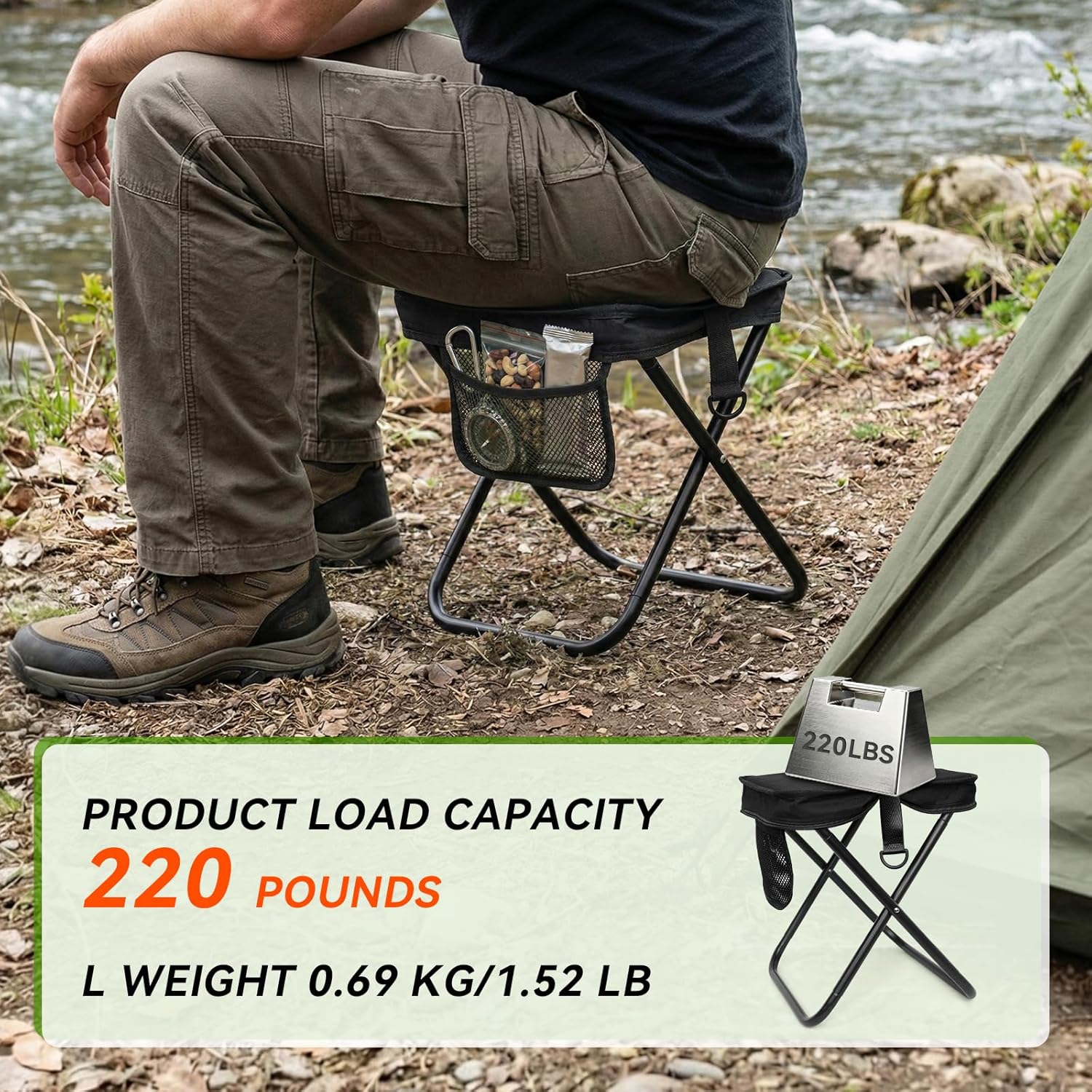 AOUTACC Camping Stool with Shoulder Strap,Ultralight Collapsible Handbag Style Stool,Pocket Portable Seat for Camping Travel Fishing Hiking Beach Backpacking Gardening Picnics-L(Black)