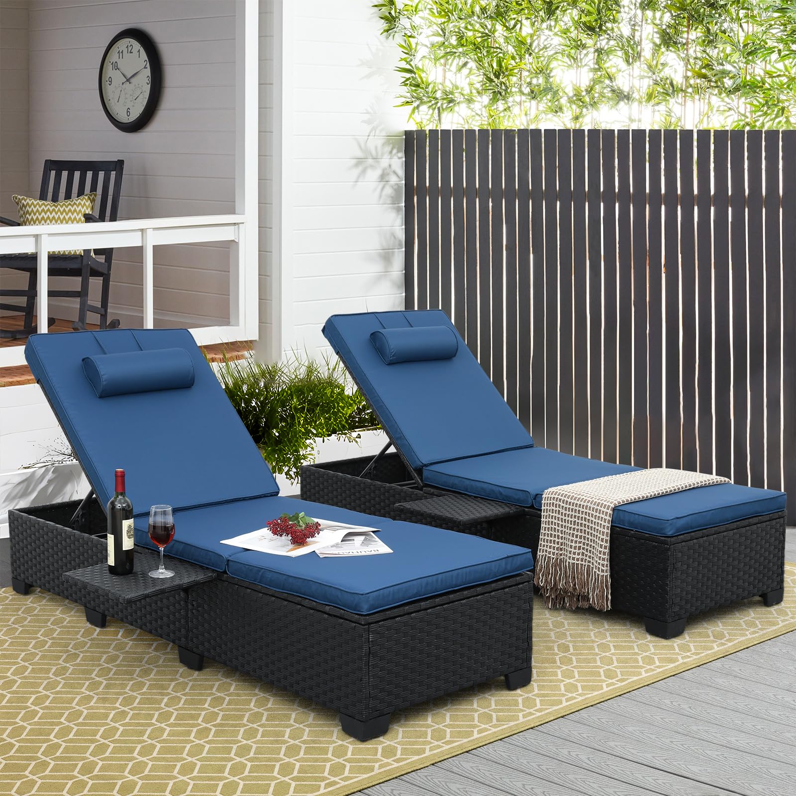 WAROOM Outdoor Chaise Lounge Chairs for Outside Patio Furniture Set of 2 Wicker Recliner Black Rattan Sunbathing Lounger Adjustable Backrest Pool Reclining Chair, Grey Cushion